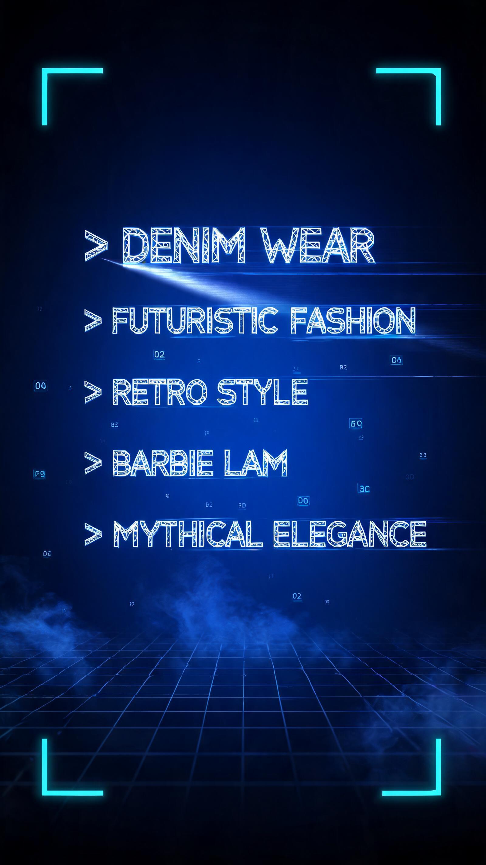 "> DENIM WEAR
> FUTURISTIC  FASHION
> RETRO STYLE
> BARBIE LAM
> MYTHICAL ELEGANCE" — Futuristic | AI Text Effect Generator