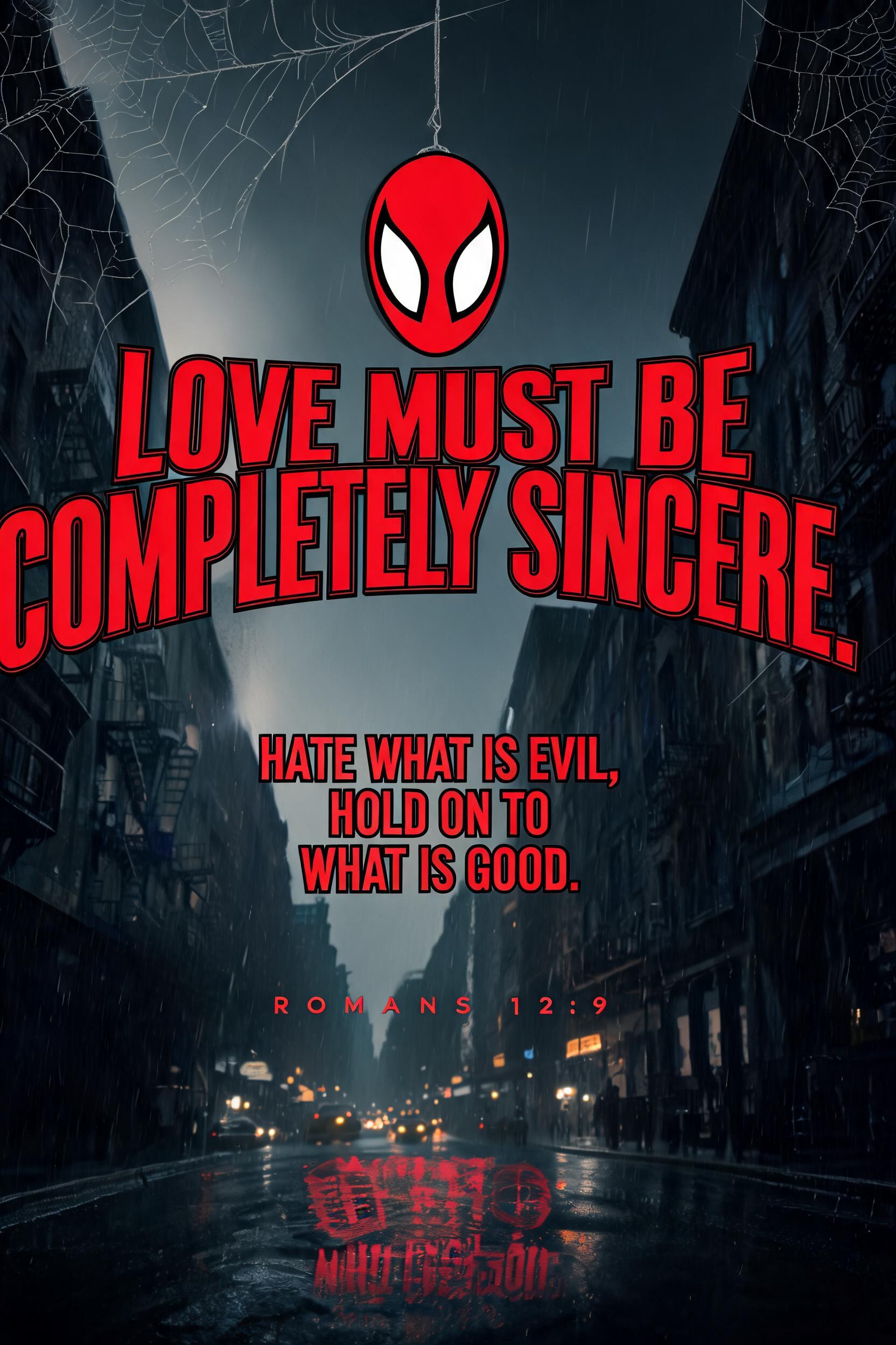 "LOVE MUST BE COMPLETELY SINCERE.
HATE WHAT IS EVIL,
HOLD ON TO
WHAT IS GOOD.
ROMANS 12:9" — Spider Hero | AI Text Effect Generator