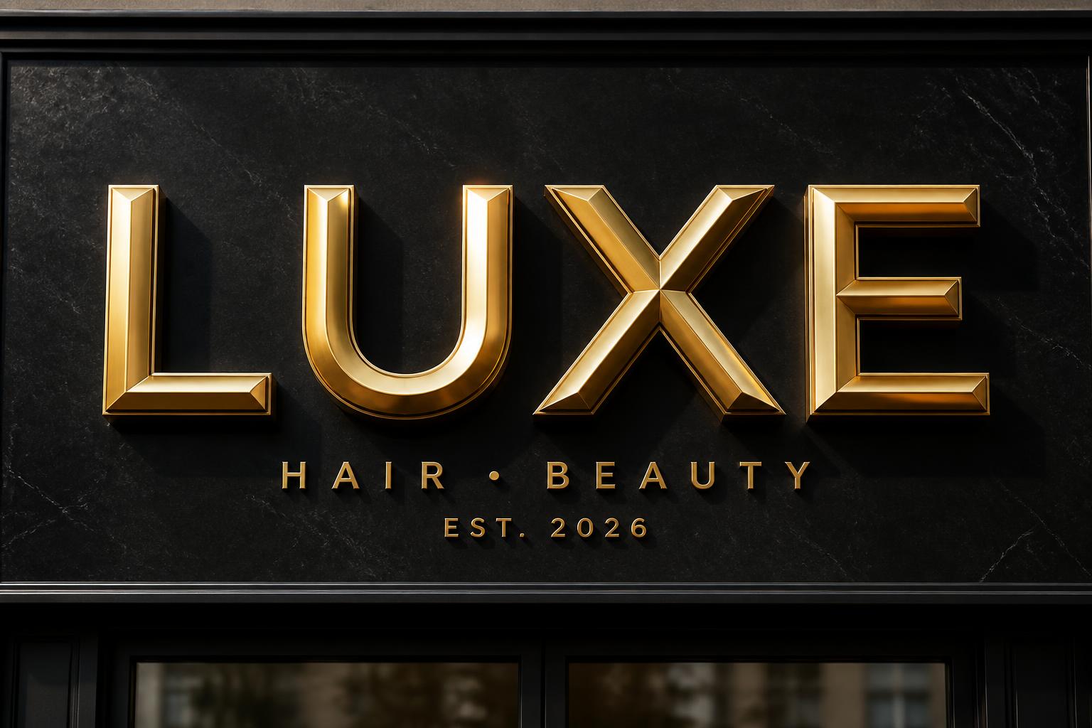 "LUXE
HAIR · BEAUTY
EST. 2026" — 3d Bold Gold | AI Text Effect Generator