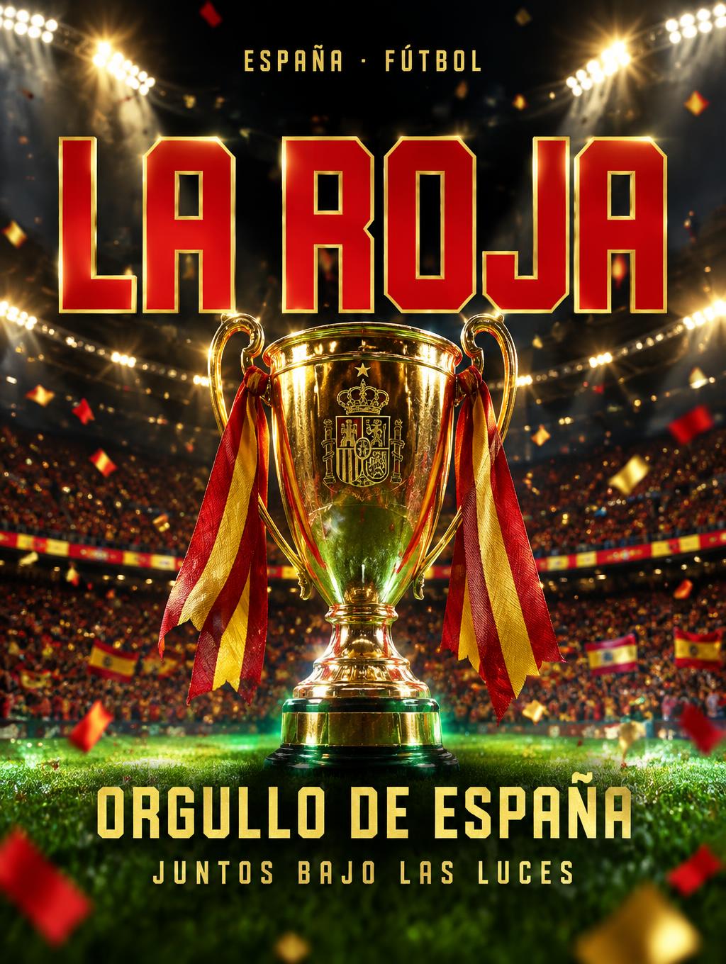 "LA ROJA
ESPAÑA · FÚTBOL
ORGULLO DE ESPAÑA
JUNTOS BAJO LAS LUCES" — Sports Football | AI Text Effect Generator