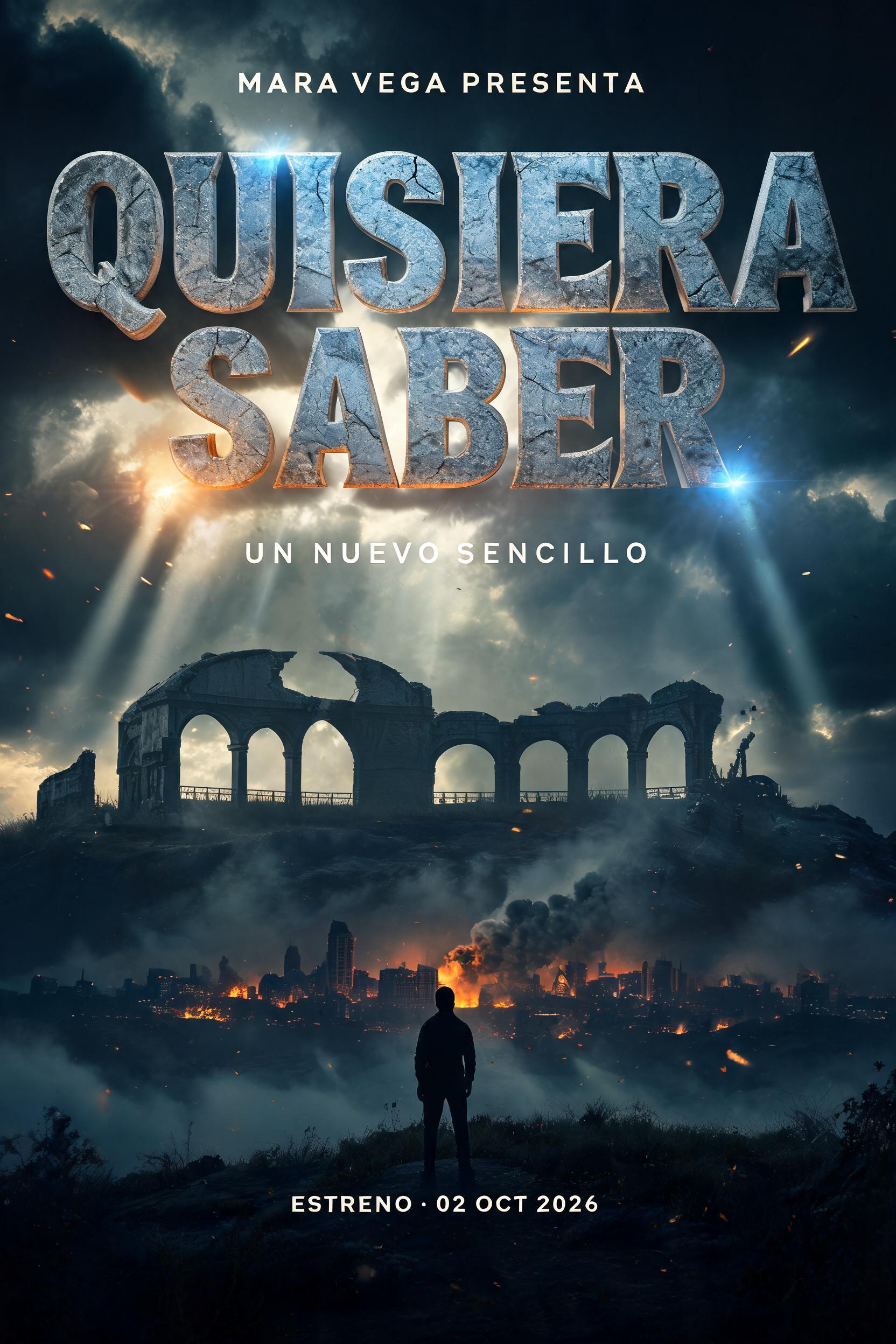 "QUISIERA
SABER
MARA VEGA PRESENTA
UN NUEVO SENCILLO
ESTRENO · 02 OCT 2026" — Cinematic Blockbuster text effect