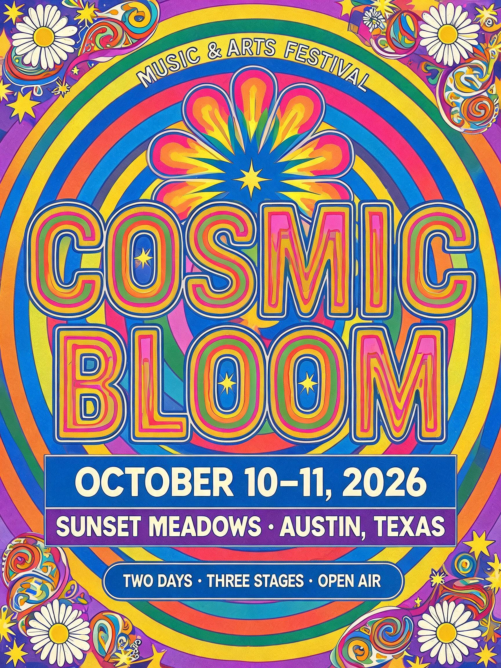 COSMIC BLOOM
MUSIC & ARTS FESTIVAL
OCTOBER 10–11, 2026
SUNSET MEADOWS · AUSTIN, TEXAS
TWO DAYS · THREE STAGES · OPEN AIR