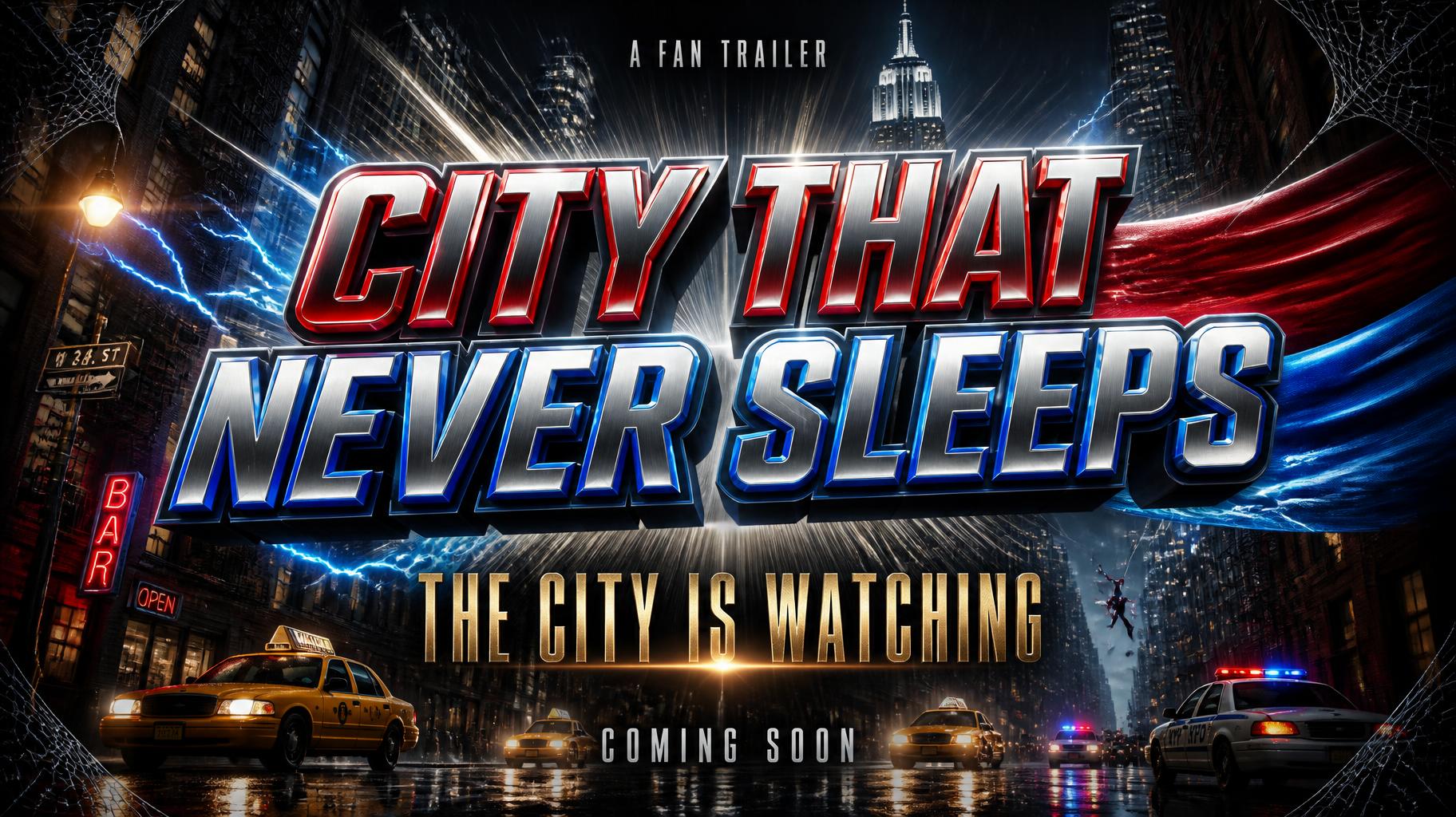 "CITY THAT
NEVER SLEEPS
THE CITY IS WATCHING
A FAN TRAILER
COMING SOON" — Spider Hero | AI Text Effect Generator