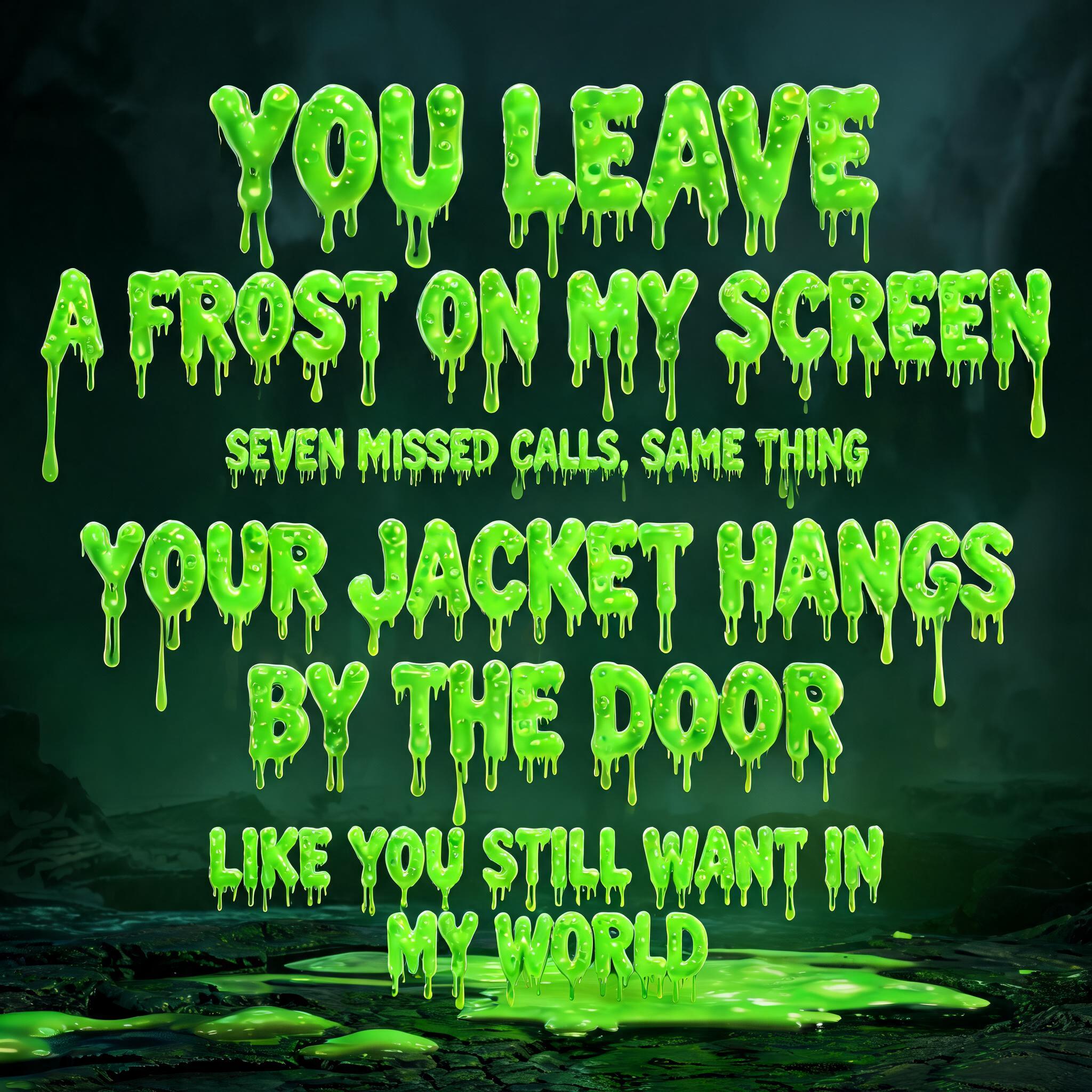 "You leave a frost on my screen
Seven missed calls, same thing
Your jacket hangs by the door
Like you still want in my world" — Drip Font | AI Text Effect Generator