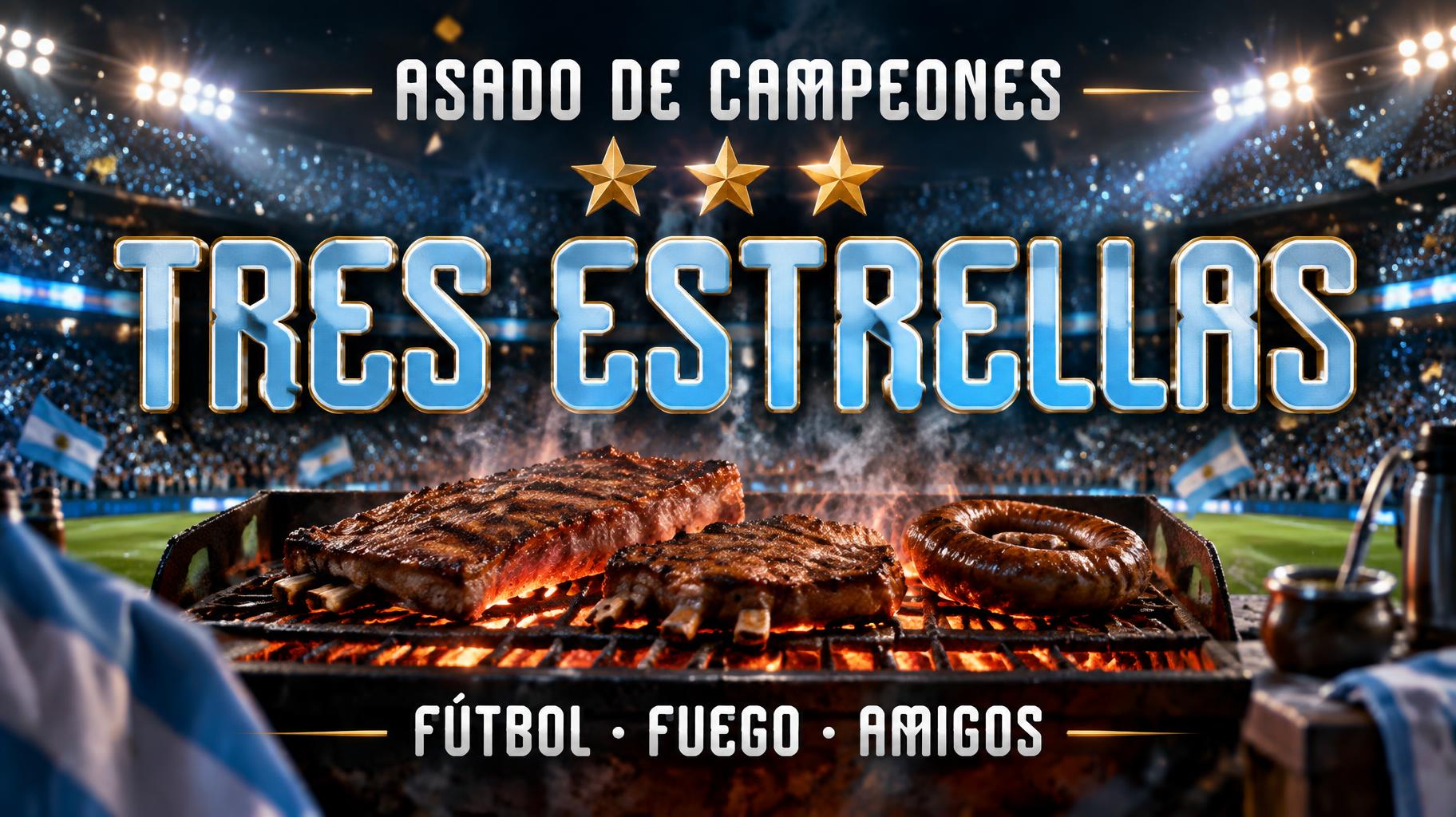 "TRES ESTRELLAS
ASADO DE CAMPEONES
FÚTBOL · FUEGO · AMIGOS" — Sports Football | AI Text Effect Generator