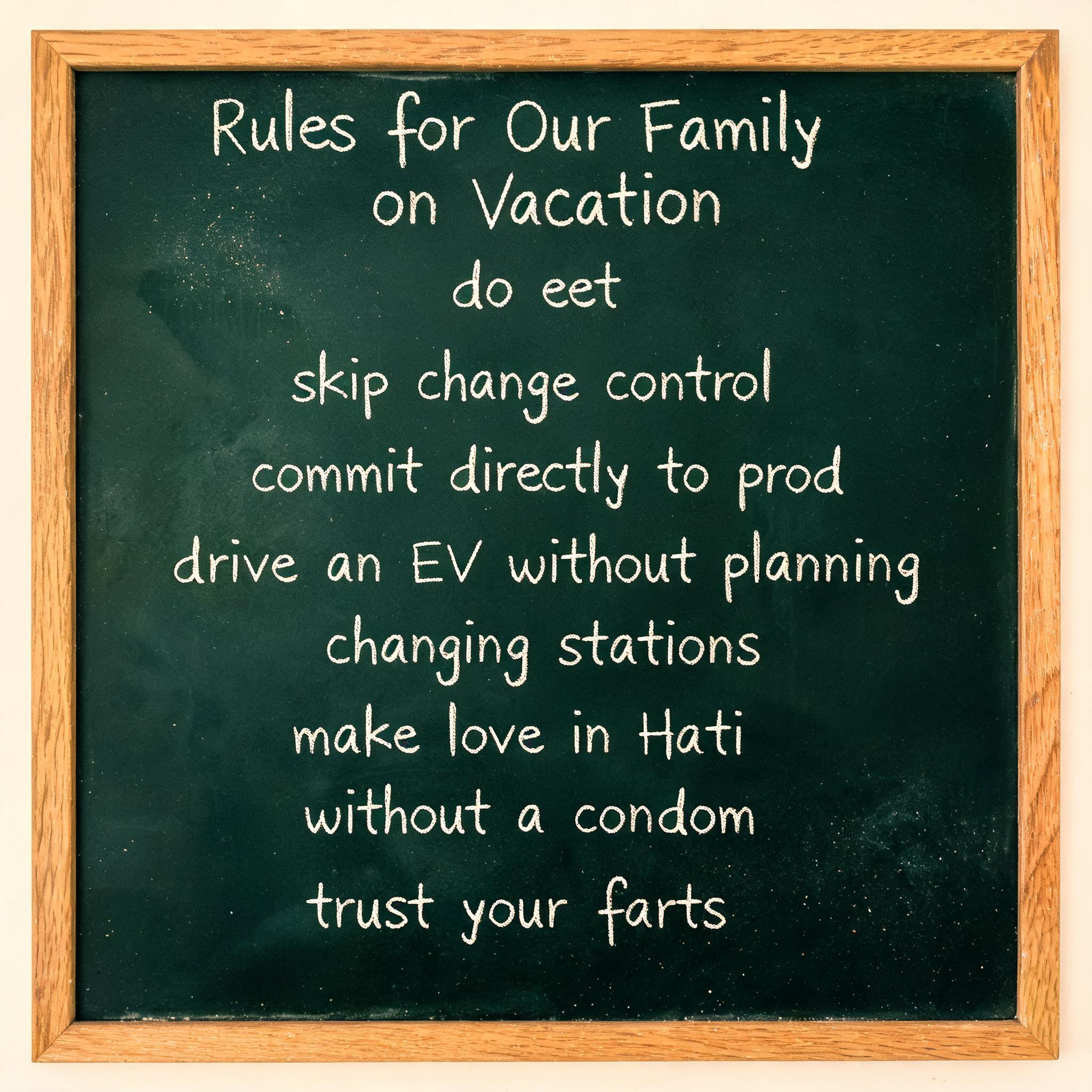 "Rules for Our Family on Vacation
do eet
skip change control
commit directly to prod
drive an EV without planning charging stations
make love in Haiti without a condom
trust your farts" — Chalk | AI Text Effect Generator