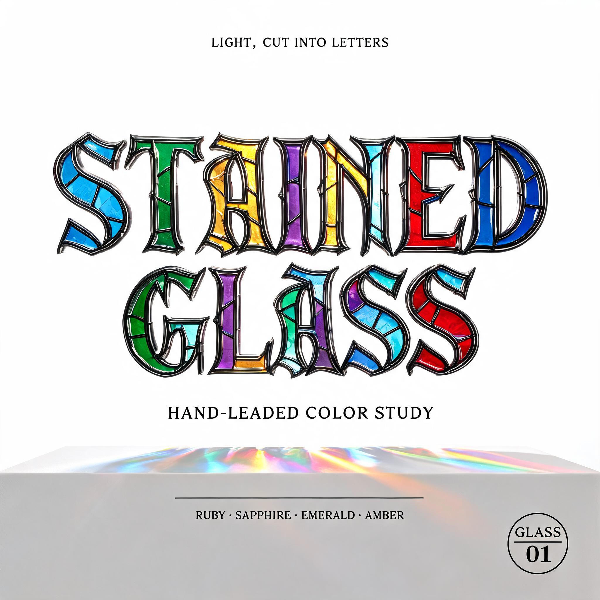 "STAINED
GLASS
LIGHT, CUT INTO LETTERS
HAND-LEADED COLOR STUDY
RUBY · SAPPHIRE · EMERALD · AMBER
GLASS / 01" — Glass Color text effect