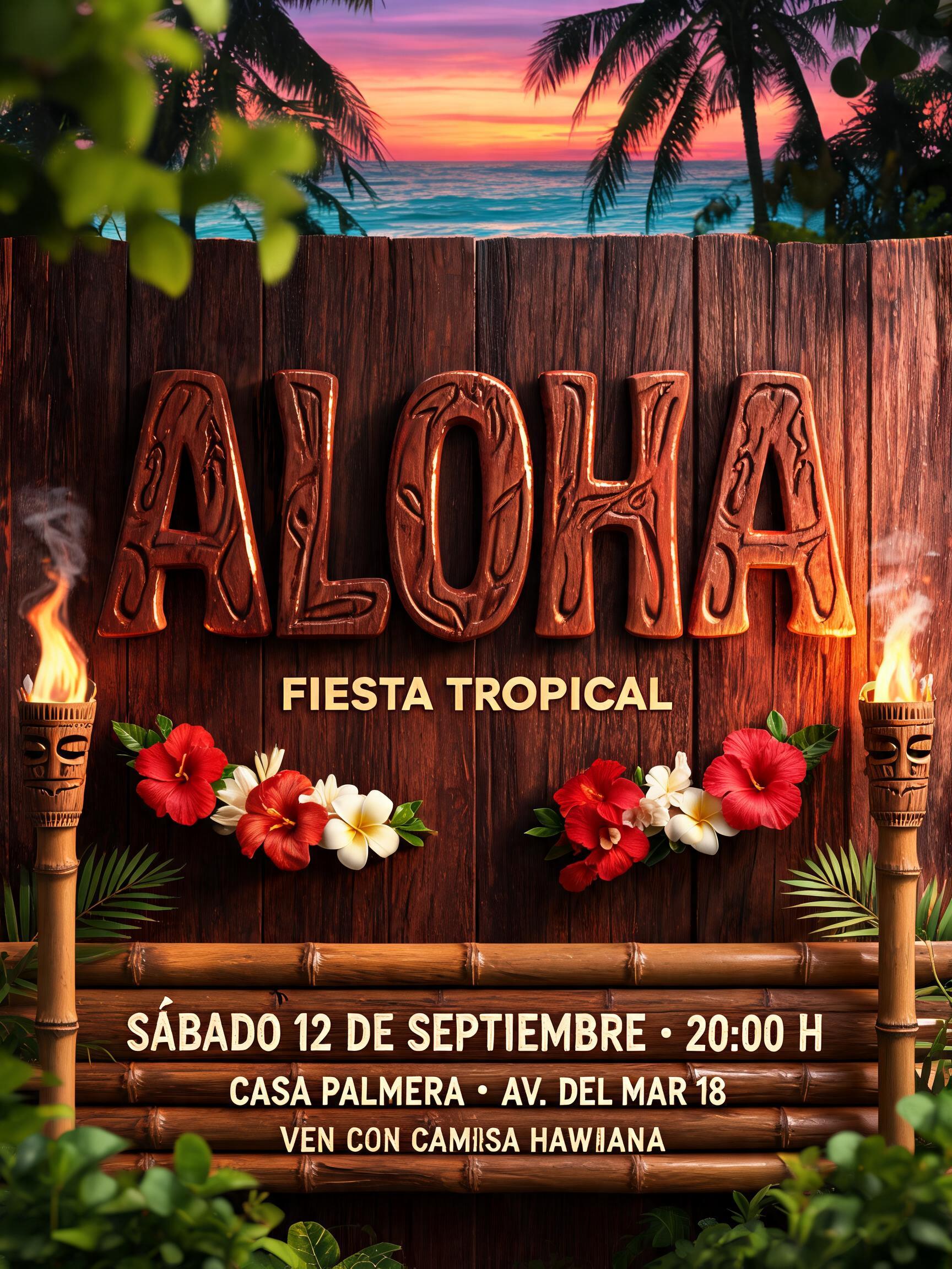 "ALOHA
FIESTA TROPICAL
SÁBADO 12 DE SEPTIEMBRE · 20:00 H
CASA PALMERA · AV. DEL MAR 18
VEN CON CAMISA HAWAIANA" — Hawaiian text effect