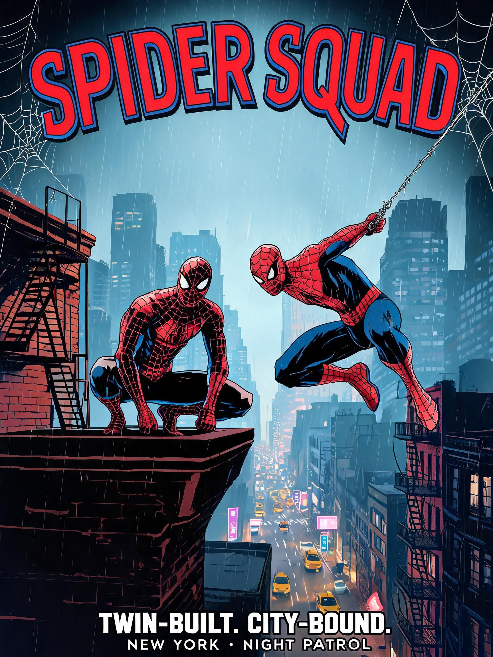 "SPIDER SQUAD
TWIN-BUILT. CITY-BOUND.
NEW YORK • NIGHT PATROL" — Spider Hero text effect