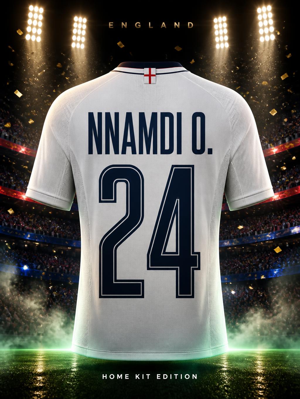 "NNAMDI O.
24
ENGLAND
HOME KIT EDITION" — Sports Football | AI Text Effect Generator