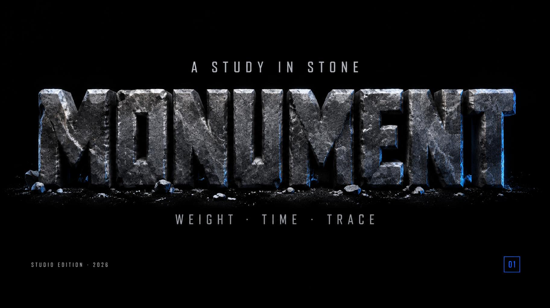 "MONUMENT
A STUDY IN STONE
WEIGHT · TIME · TRACE
STUDIO EDITION · 2026
01" — Chrome Metal 3d | AI Text Effect Generator