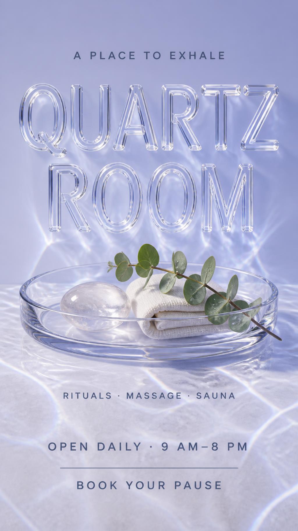 "QUARTZ
ROOM
A PLACE TO EXHALE
RITUALS · MASSAGE · SAUNA
OPEN DAILY · 9 AM–8 PM
BOOK YOUR PAUSE" — Glass | AI Text Effect Generator