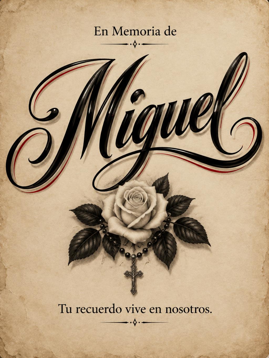 "Miguel
En Memoria de
Tu recuerdo vive en nosotros." — Chicano | AI Text Effect Generator