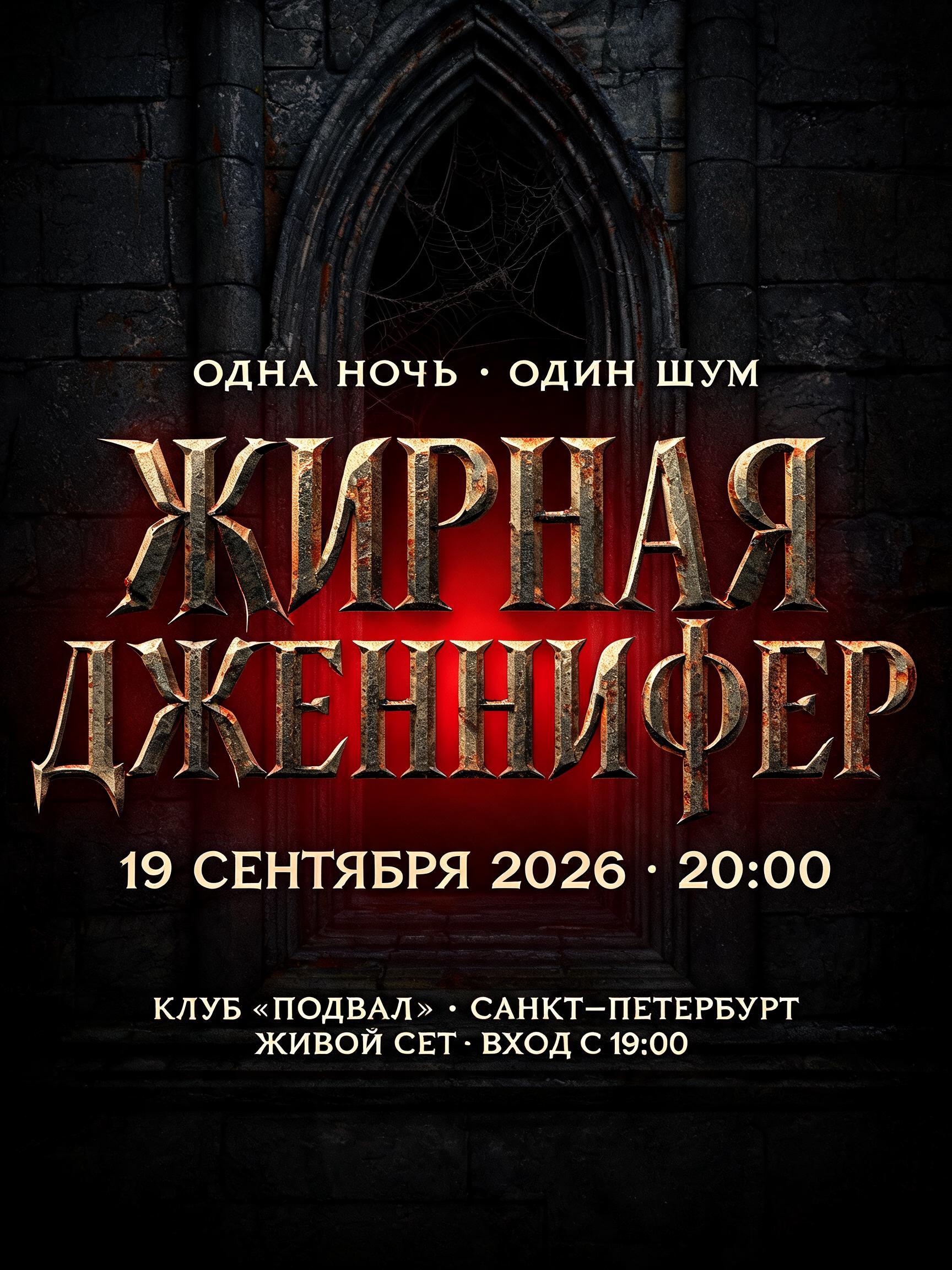 "ЖИРНАЯ
ДЖЕННИФЕР
ОДНА НОЧЬ · ОДИН ШУМ
19 СЕНТЯБРЯ 2026 · 20:00
КЛУБ «ПОДВАЛ» · САНКТ-ПЕТЕРБУРГ
ЖИВОЙ СЕТ · ВХОД С 19:00" — Gothic Font text effect
