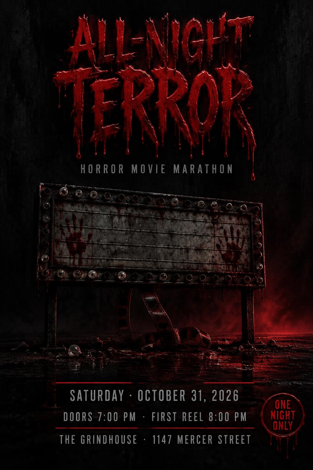 "ALL-NIGHT TERROR
HORROR MOVIE MARATHON
SATURDAY · OCTOBER 31, 2026
DOORS 7:00 PM · FIRST REEL 8:00 PM
THE GRINDHOUSE · 1147 MERCER STREET
ONE NIGHT ONLY" — Drip Font Blood | AI Text Effect Generator