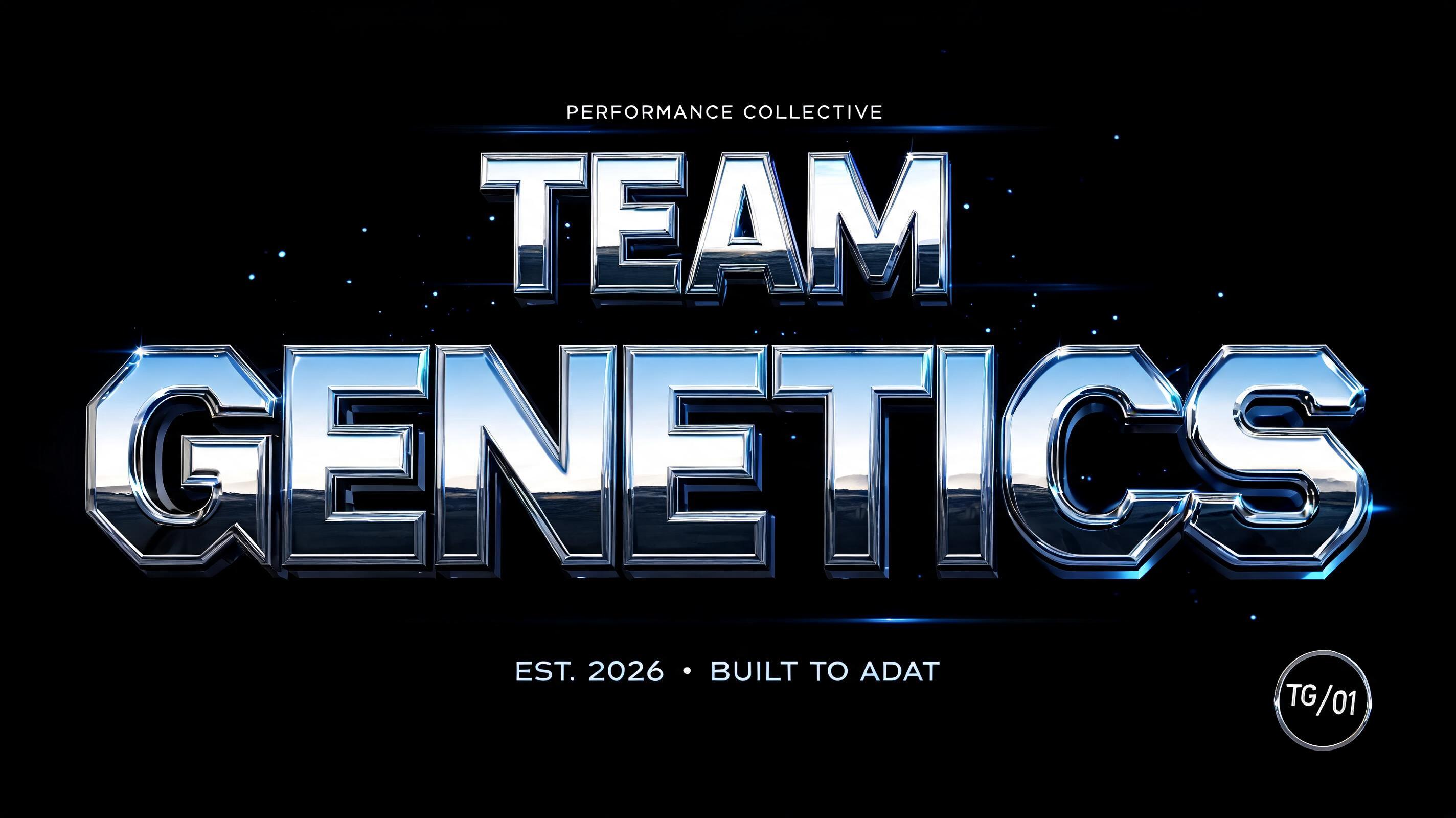 "TEAM
GENETICS
PERFORMANCE COLLECTIVE
EST. 2026  •  BUILT TO ADAPT
TG / 01" — Chrome Metal 3d | AI Text Effect Generator