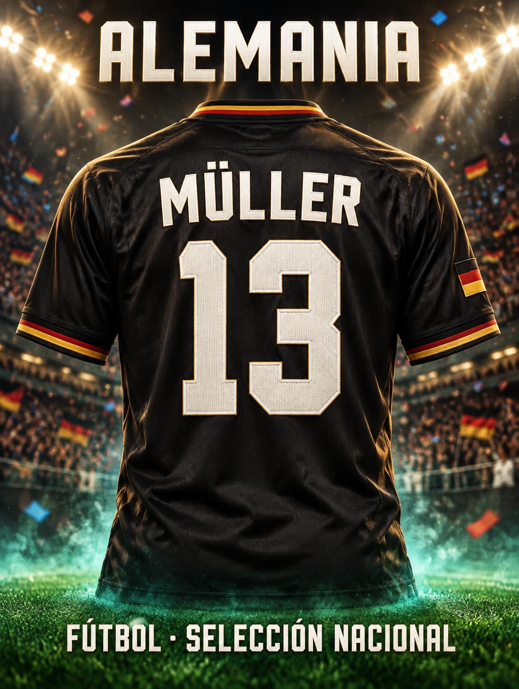 "MÜLLER
13
ALEMANIA
FÚTBOL · SELECCIÓN NACIONAL" — Sports Football | AI Text Effect Generator