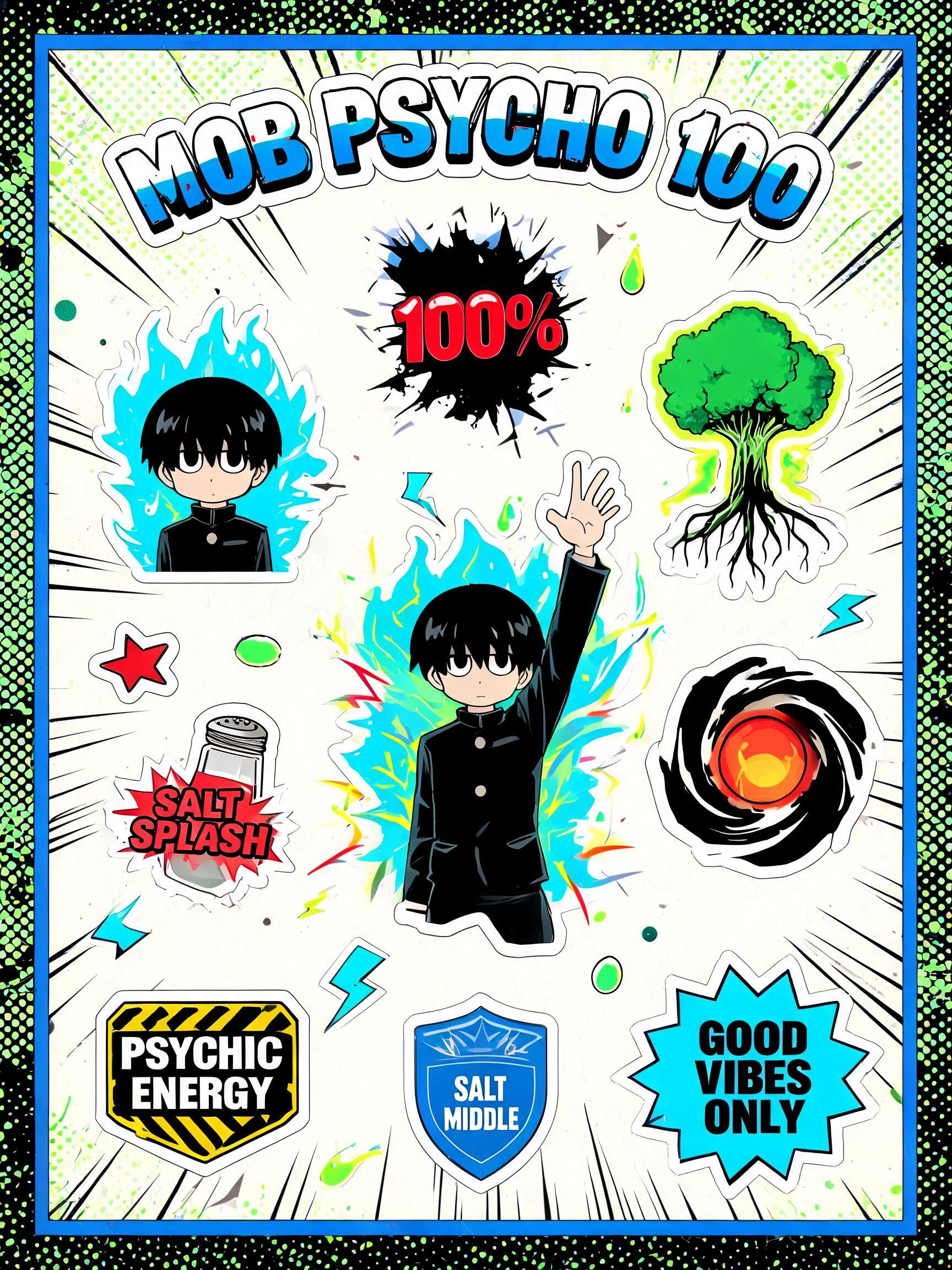 "MOB PSYCHO 100
100%
SALT SPLASH
PSYCHIC ENERGY
SALT MIDDLE
GOOD VIBES ONLY" — Anime | AI Text Effect Generator