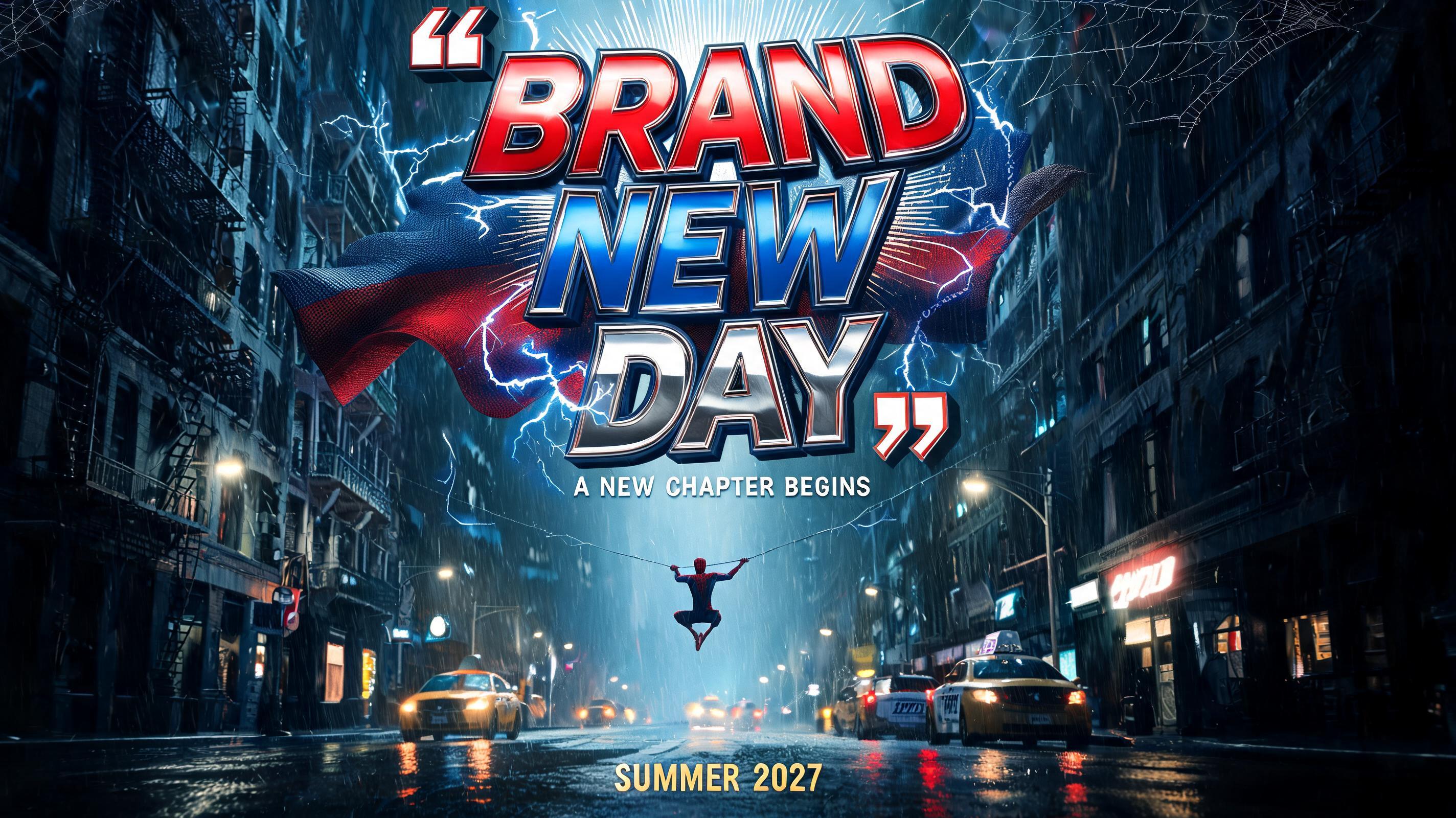 "BRAND NEW DAY
A NEW CHAPTER BEGINS
SUMMER 2027" — Spider Hero | AI Text Effect Generator