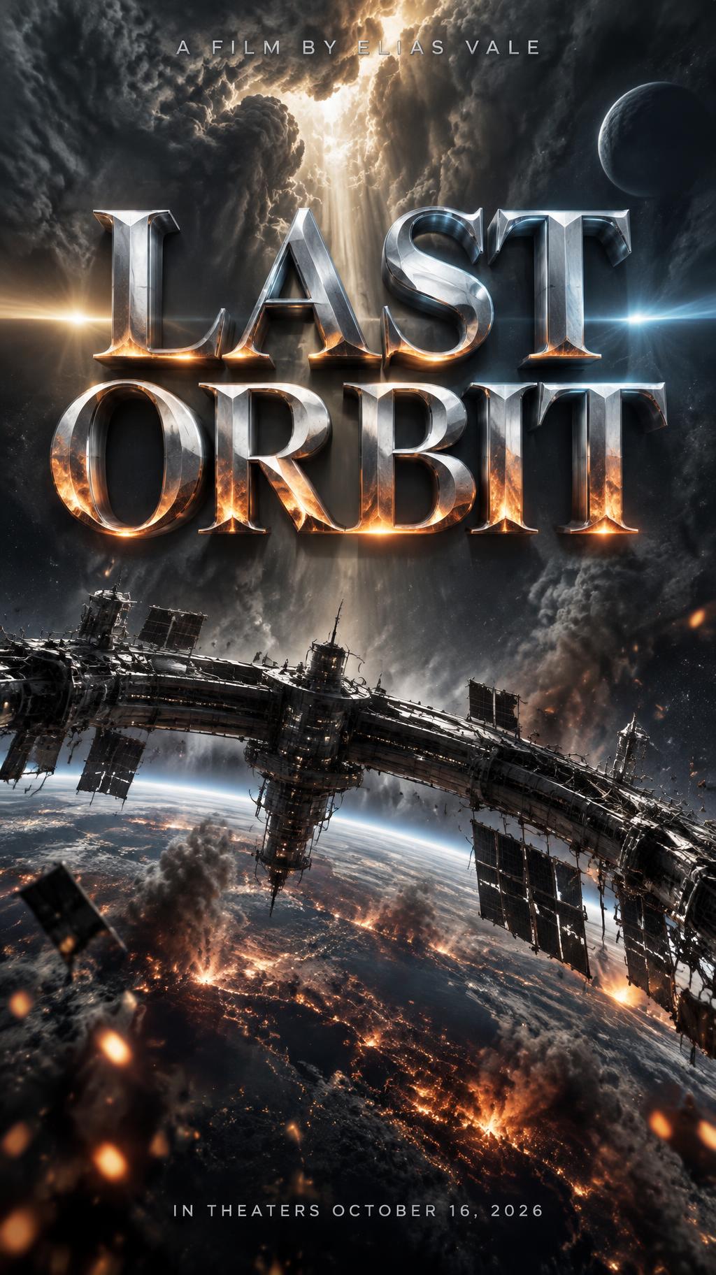 "LAST
ORBIT
A FILM BY ELIAS VALE
IN THEATERS OCTOBER 16, 2026" — Cinematic Blockbuster text effect