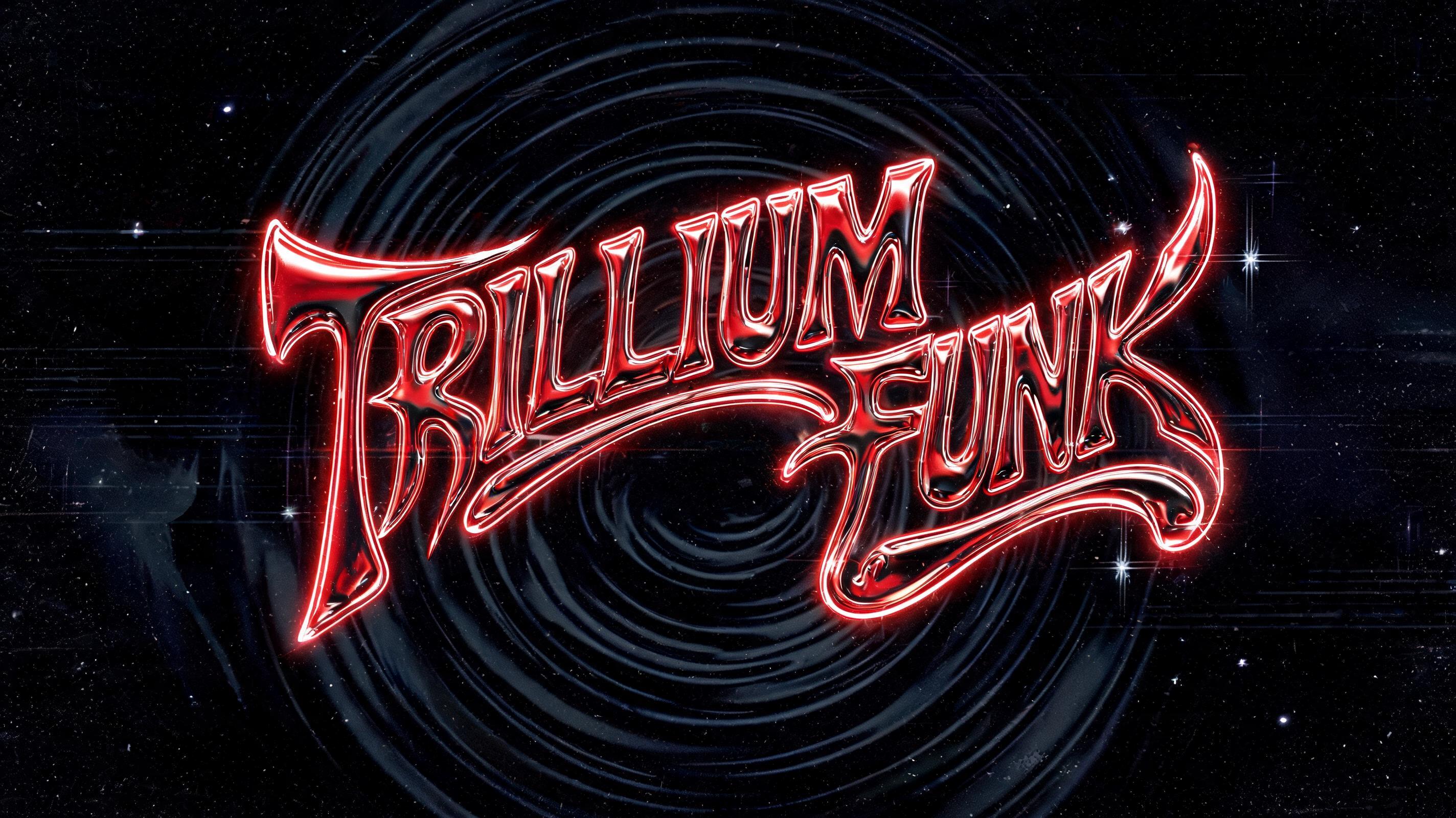 ""TRILLIUM FUNK",wavy distorted graffiti 3D text,liquid shiny red chrome metal,bright thin white‑red neon glowing outline,curly swoopy letter shapes,dark swirling radial ripple background,film grain texture,tiny sparkle particles,grunge analog horror" — Cinematic | AI Text Effect Generator
