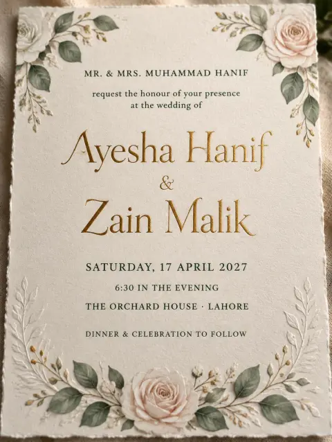 "Ayesha Hanif
&
Zain Malik
MR. & MRS. MUHAMMAD HANIF
request the honour of your presence at the wedding of
SATURDAY, 17 APRIL 2027
6:30 IN THE EVENING
THE ORCHARD HOUSE · LAHORE
DINNER & CELEBRATION TO FOLLOW" — Wedding text effect