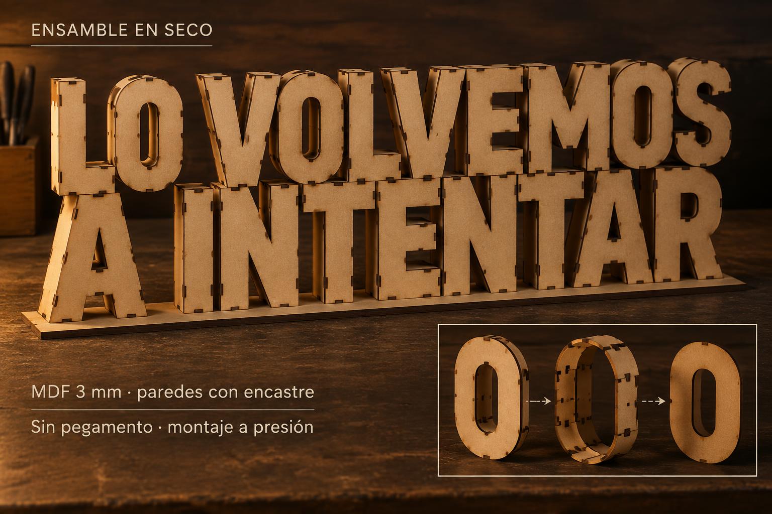 "LO VOLVEMOS A INTENTAR
ENSAMBLE EN SECO
MDF 3 mm · paredes con encastre
Sin pegamento · montaje a presión" — Laser Cut | AI Text Effect Generator