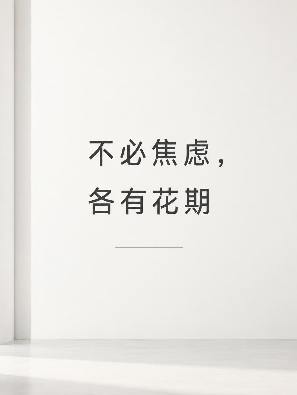 "不必焦虑，各有花期" — Minimal text effect