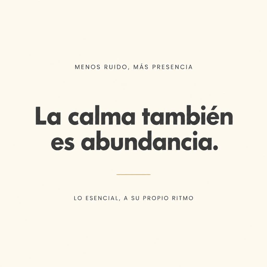 "MENOS RUIDO, MÁS PRESENCIA
La calma también es abundancia.
LO ESENCIAL, A SU PROPIO RITMO" — Minimal text effect
