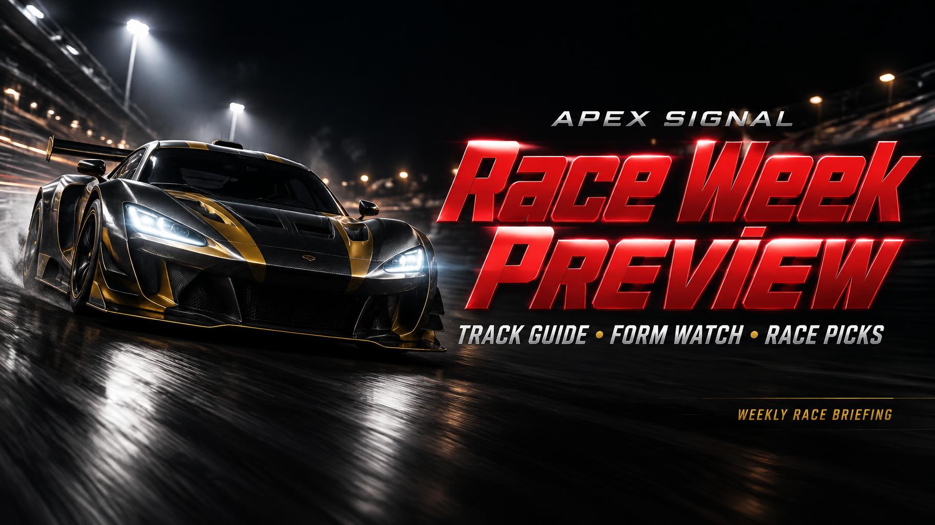 "APEX SIGNAL
Race Week Preview
TRACK GUIDE • FORM WATCH • RACE PICKS
WEEKLY RACE BRIEFING" — Racing | AI Text Effect Generator