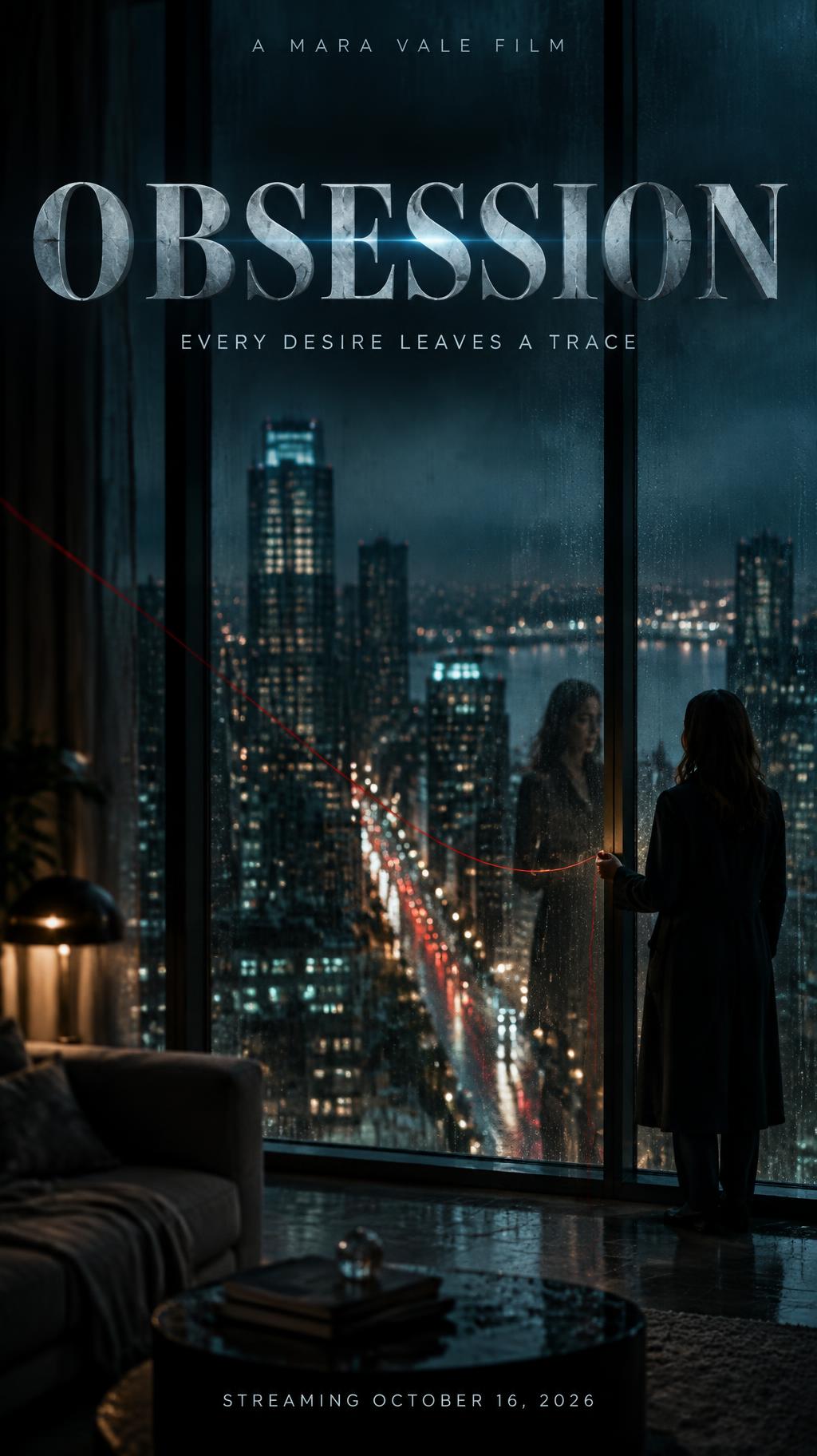 "OBSESSION
EVERY DESIRE LEAVES A TRACE
A MARA VALE FILM
STREAMING OCTOBER 16, 2026" — Cinematic Netflix | AI Text Effect Generator