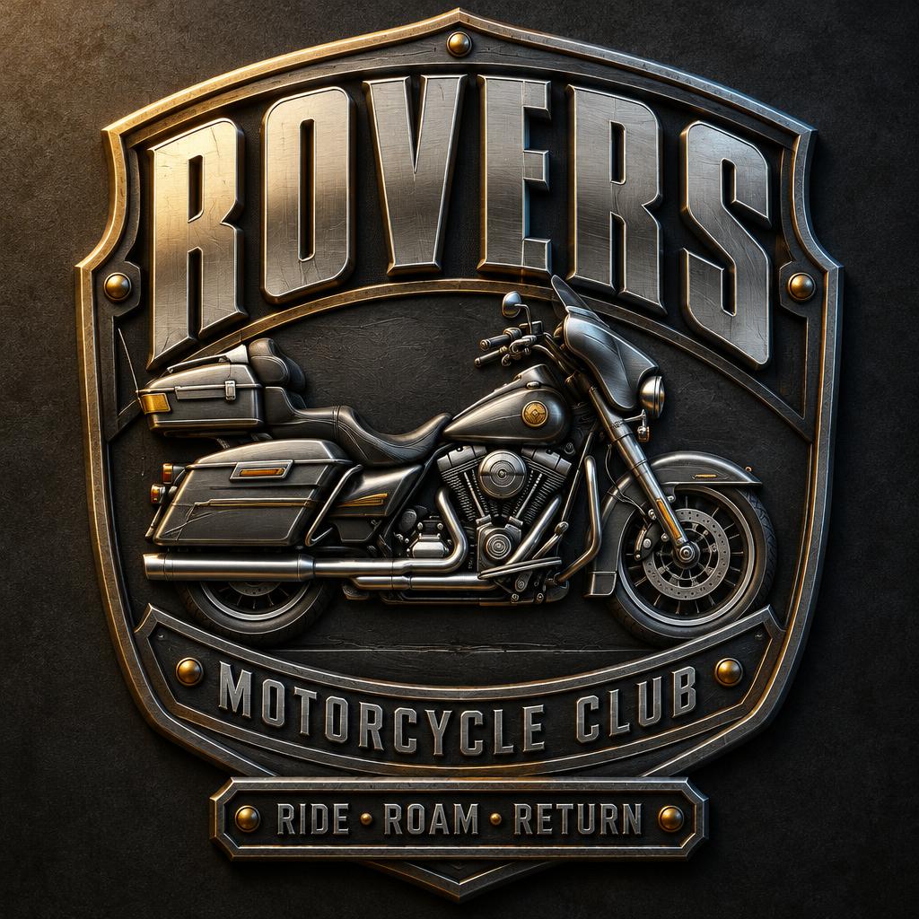 "ROVERS
MOTORCYCLE CLUB
RIDE • ROAM • RETURN" — metallic text effect
