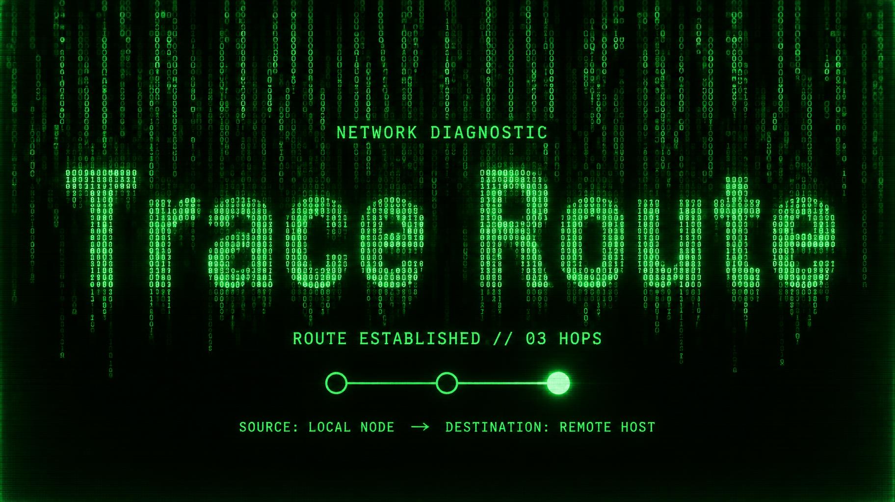 "Trace Route
NETWORK DIAGNOSTIC
ROUTE ESTABLISHED // 03 HOPS
SOURCE: LOCAL NODE  →  DESTINATION: REMOTE HOST" — Cyberpunk Data Stream | AI Text Effect Generator