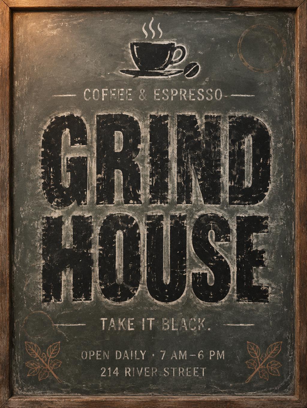"GRIND
HOUSE
COFFEE & ESPRESSO
TAKE IT BLACK.
OPEN DAILY · 7 AM–6 PM
214 RIVER STREET" — Brush Dry | AI Text Effect Generator