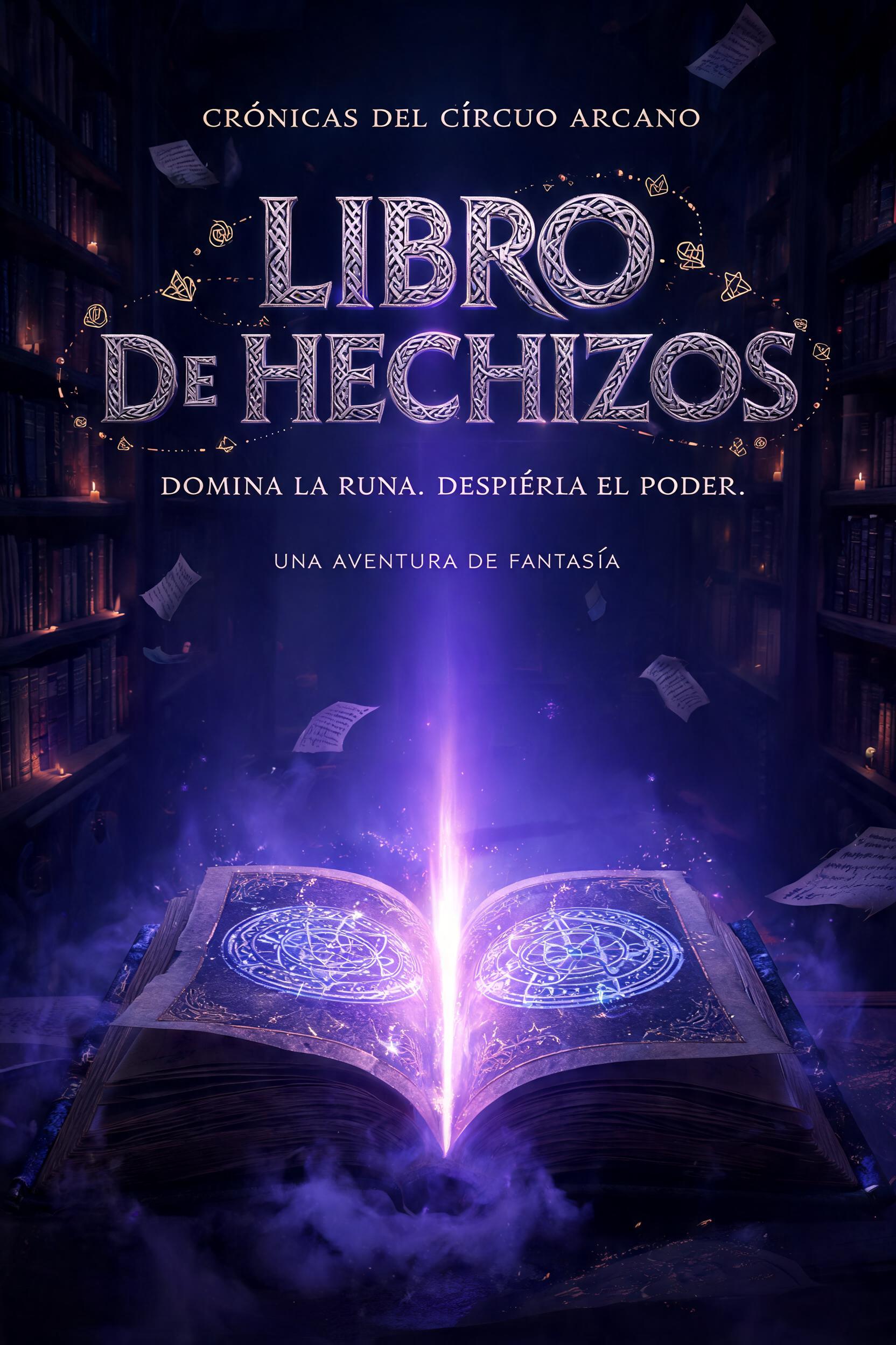 "LIBRO DE HECHIZOS
CRÓNICAS DEL CÍRCULO ARCANO
DOMINA LA RUNA. DESPIERTA EL PODER.
UNA AVENTURA DE FANTASÍA" — Magic Fantasy text effect