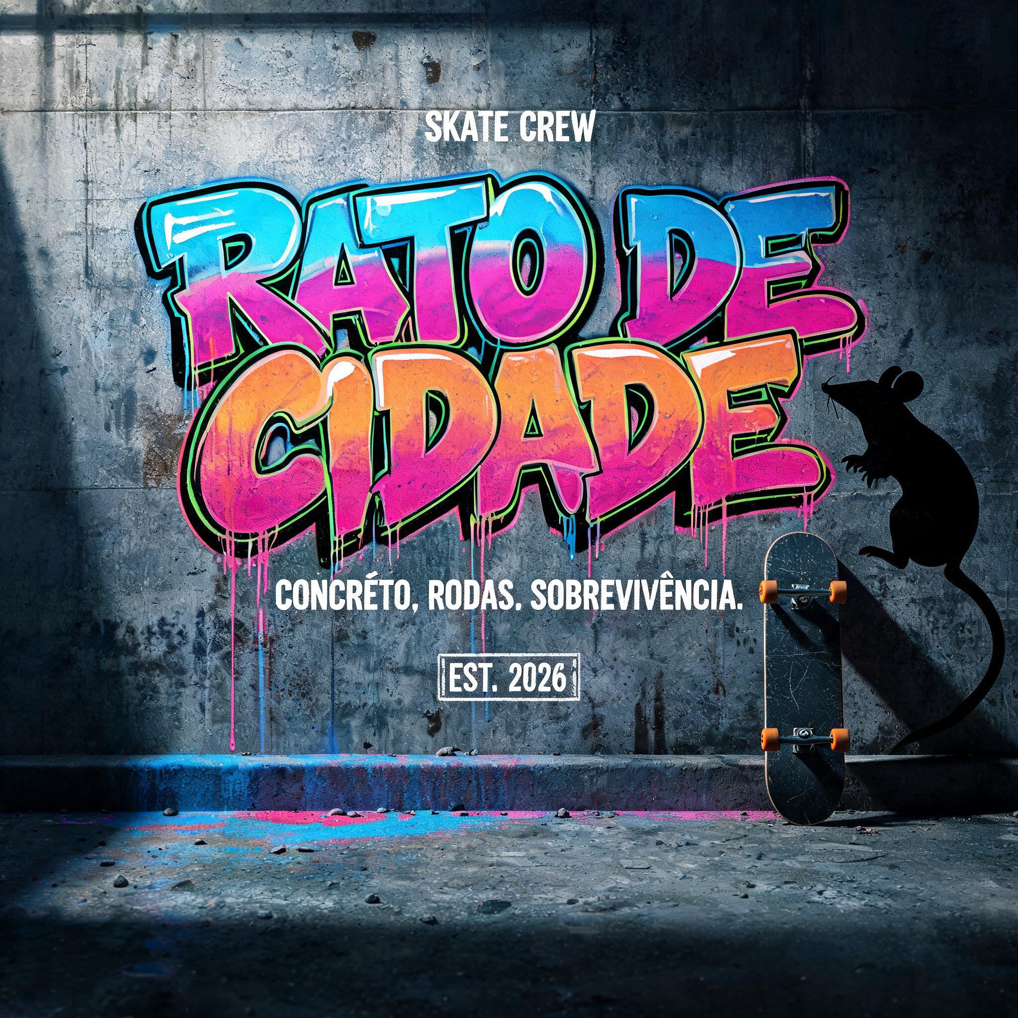 "RATO DE
CIDADE
SKATE CREW
CONCRETO. RODAS. SOBREVIVÊNCIA.
EST. 2026" — Graffiti | AI Text Effect Generator