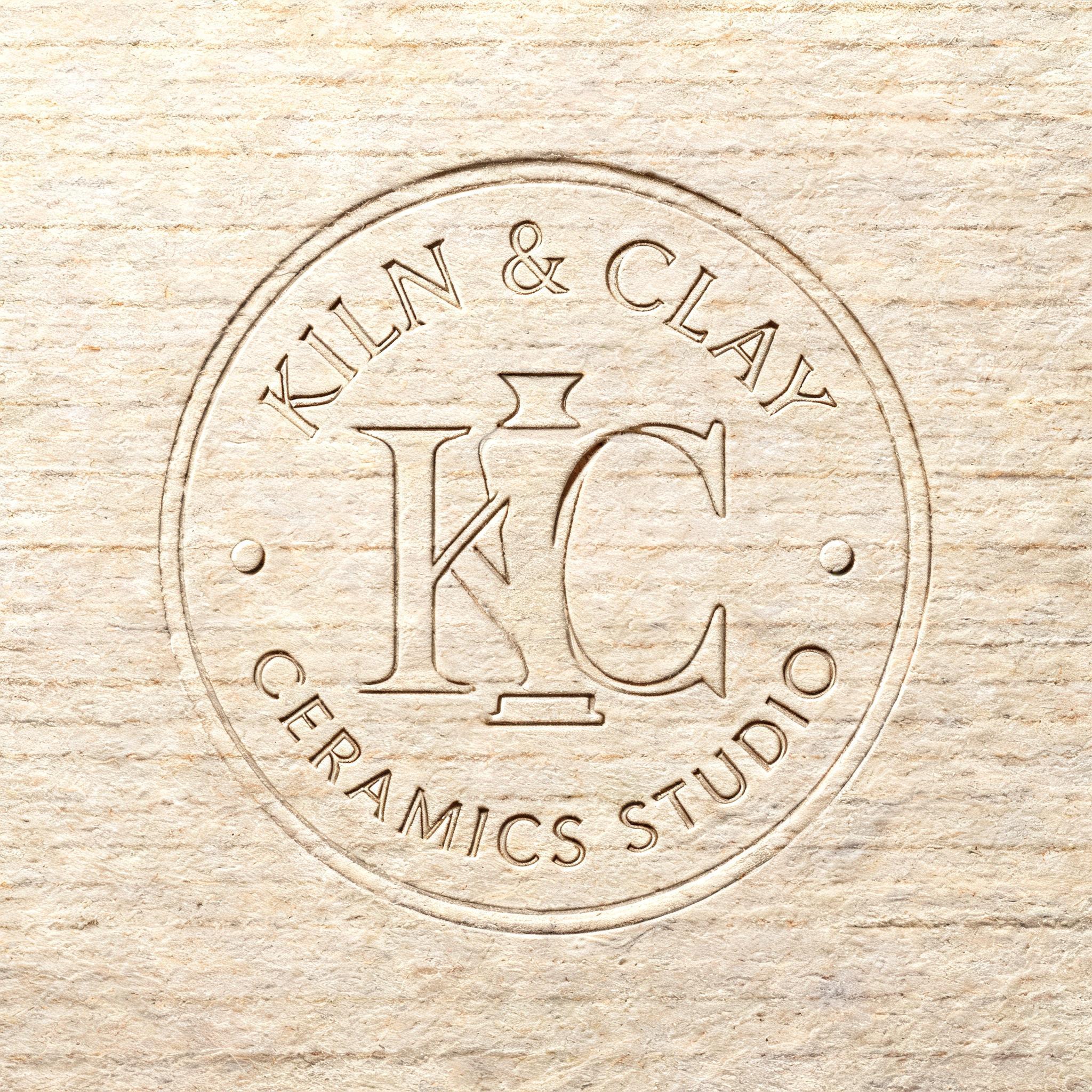 "KILN & CLAY
CERAMICS STUDIO
K C" — Emboss text effect