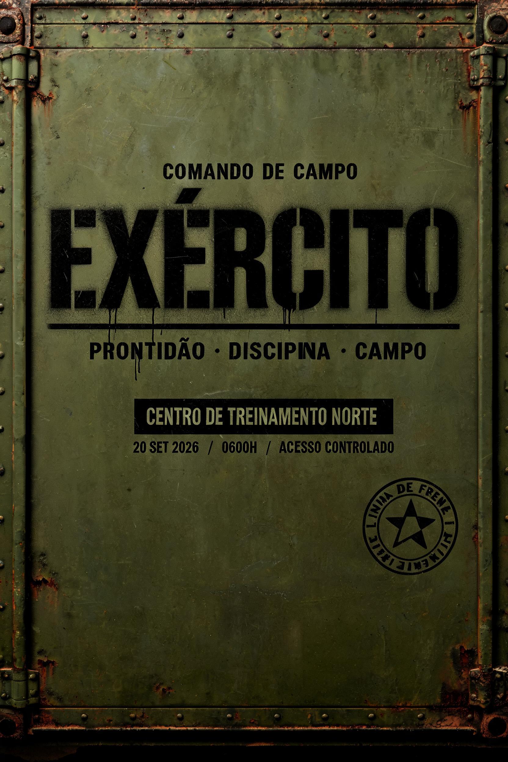 "EXÉRCITO
COMANDO DE CAMPO
PRONTIDÃO · DISCIPLINA · CAMPO
CENTRO DE TREINAMENTO NORTE
20 SET 2026  /  0600H  /  ACESSO CONTROLADO
LINHA DE FRENTE" — Stencil text effect