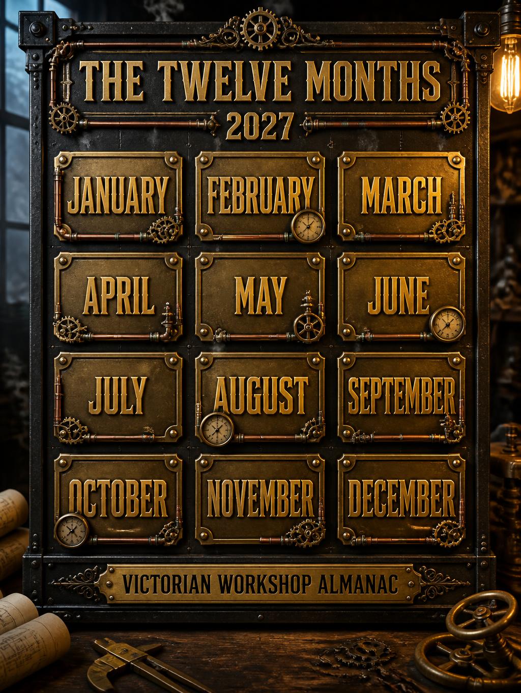 THE TWELVE MONTHS
2027
JANUARY
FEBRUARY
MARCH
APRIL
MAY
JUNE
JULY
AUGUST
SEPTEMBER
OCTOBER
NOVEMBER
DECEMBER
VICTORIAN WORKSHOP ALMANAC