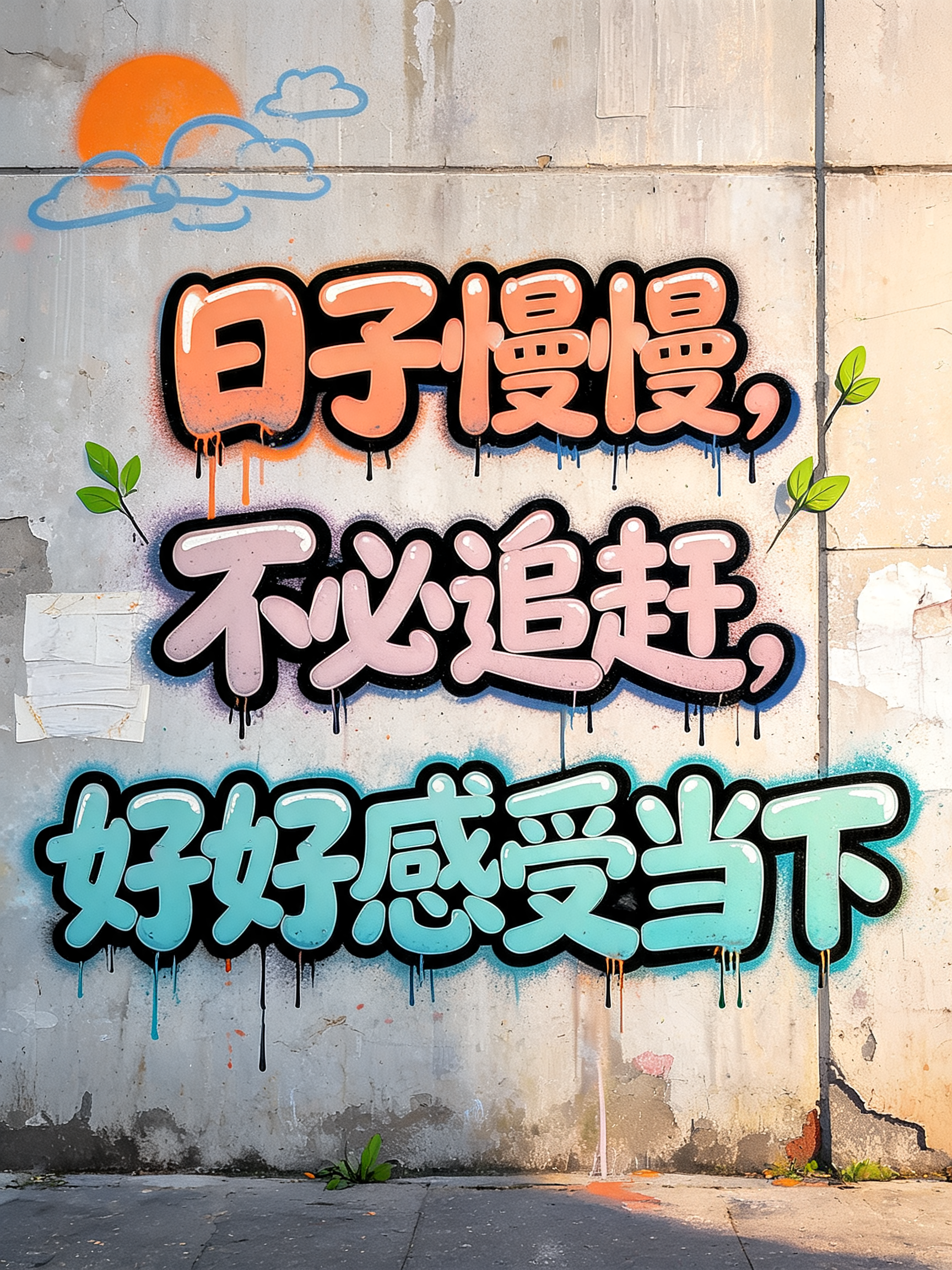 "日子慢慢，不必追赶，好好感受当下" — Graffiti text effect