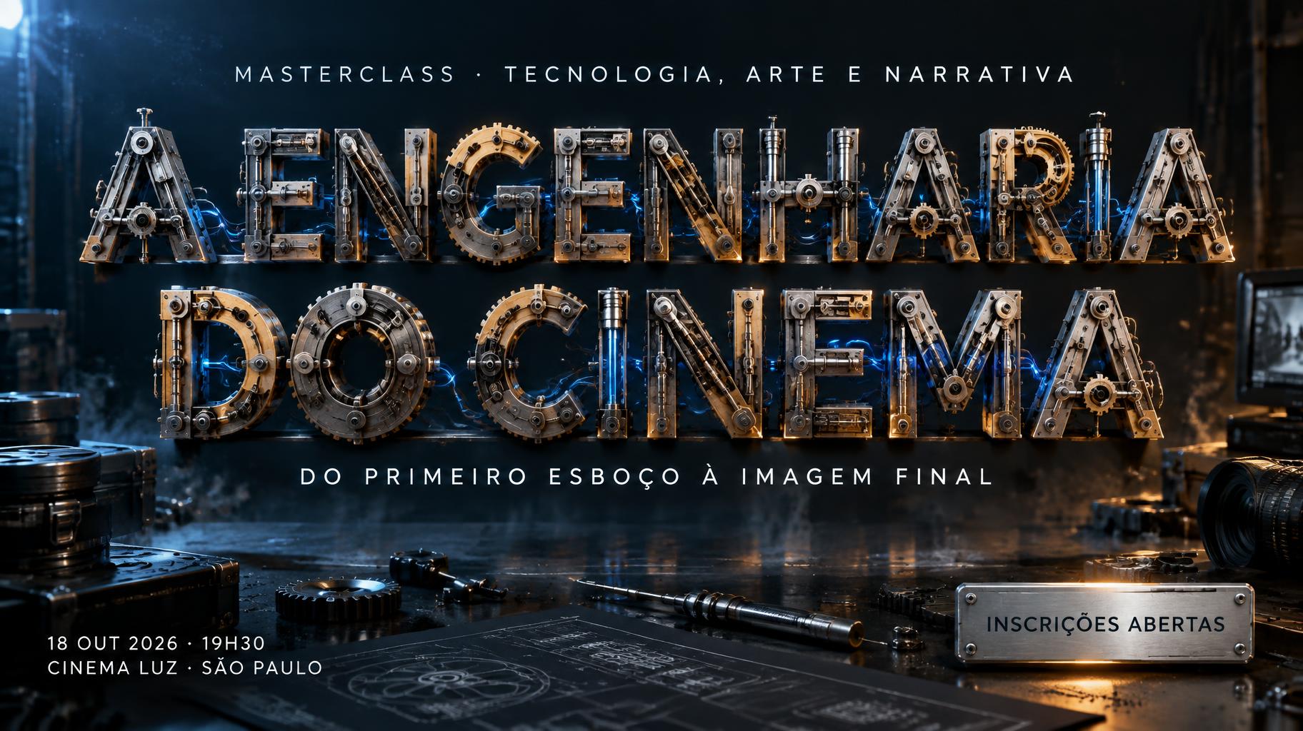 "A ENGENHARIA
DO CINEMA
MASTERCLASS · TECNOLOGIA, ARTE E NARRATIVA
DO PRIMEIRO ESBOÇO À IMAGEM FINAL
18 OUT 2026 · 19H30
CINEMA LUZ · SÃO PAULO
INSCRIÇÕES ABERTAS" —  | AI Text Effect Generator