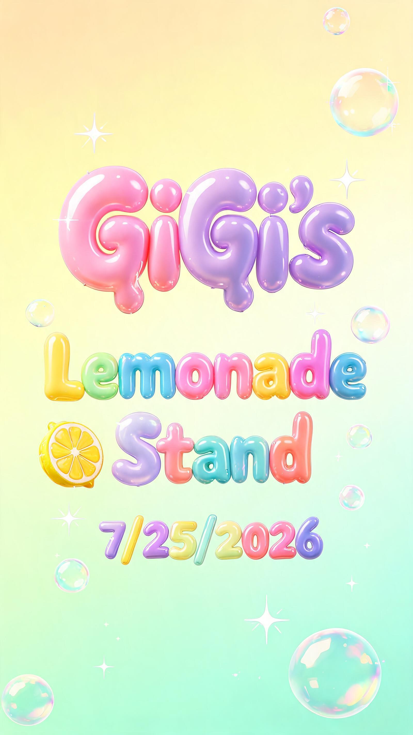 "GiGi's 
Lemonade Stand 
7/25/2026" — Bubble | AI Text Effect Generator