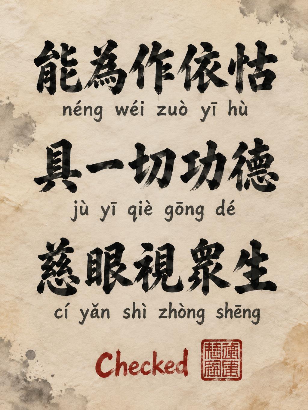 "能為作依怙 
néng wéi zuò yī hù
具一切功德
jù yī qiè gōng dé
慈眼視眾生
cí yǎn shì zhòng shēng

Checked" — Brush Chinese Ink | AI Text Effect Generator