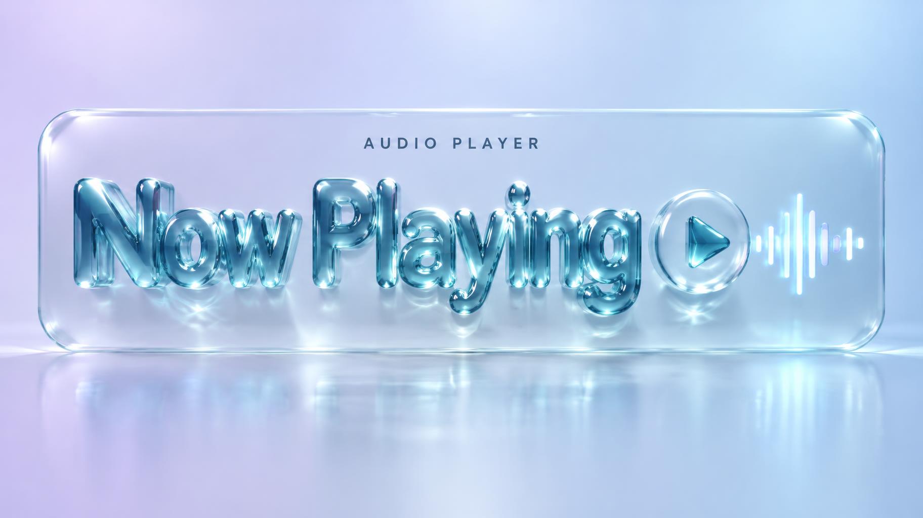 "Now Playing
AUDIO PLAYER" — Glass Liquid | AI Text Effect Generator