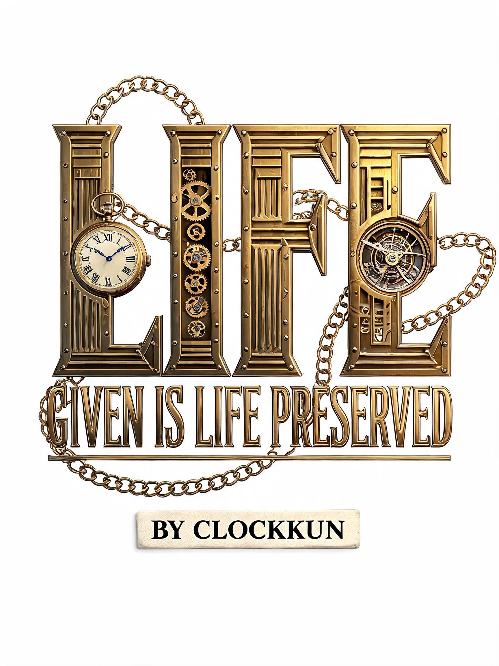 "No background. LIFE GIVEN IS LIFE PRESERVED. Emphasize on LIFE. Clocks, watches, chains, timepieces, time aethetics. Clean steampunk-y style. Small font for "BY CLOCKKUN" below. Different font style from LIFE GIVEN IS LIFE PRESERVED." — Steampunk | AI Text Effect Generator