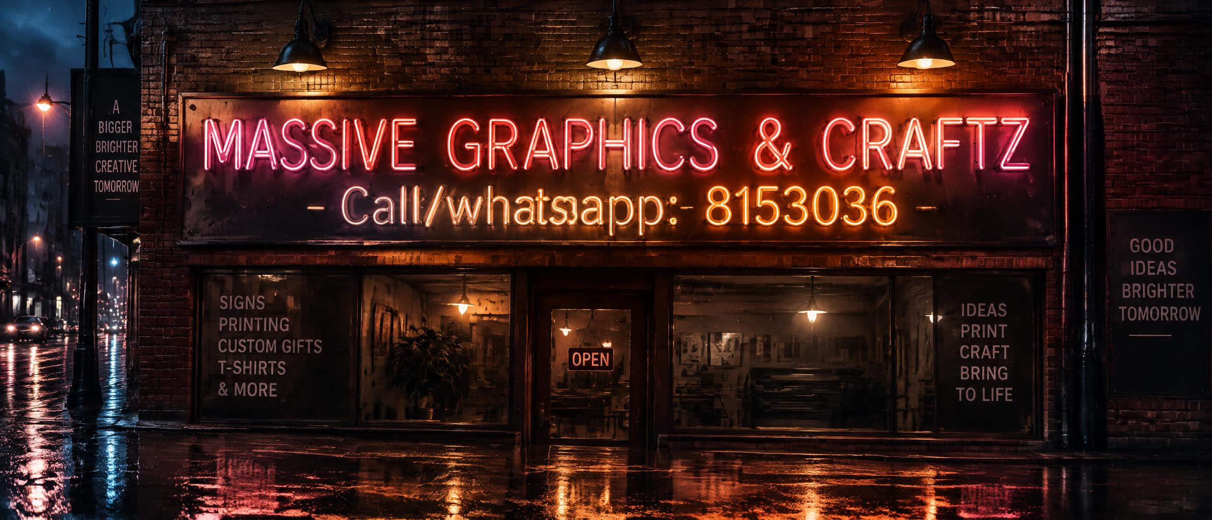 "MASSIVE GRAPHICS & CRAFTZ - Call/whatsapp: 8153036" — Neon Sign | AI Text Effect Generator