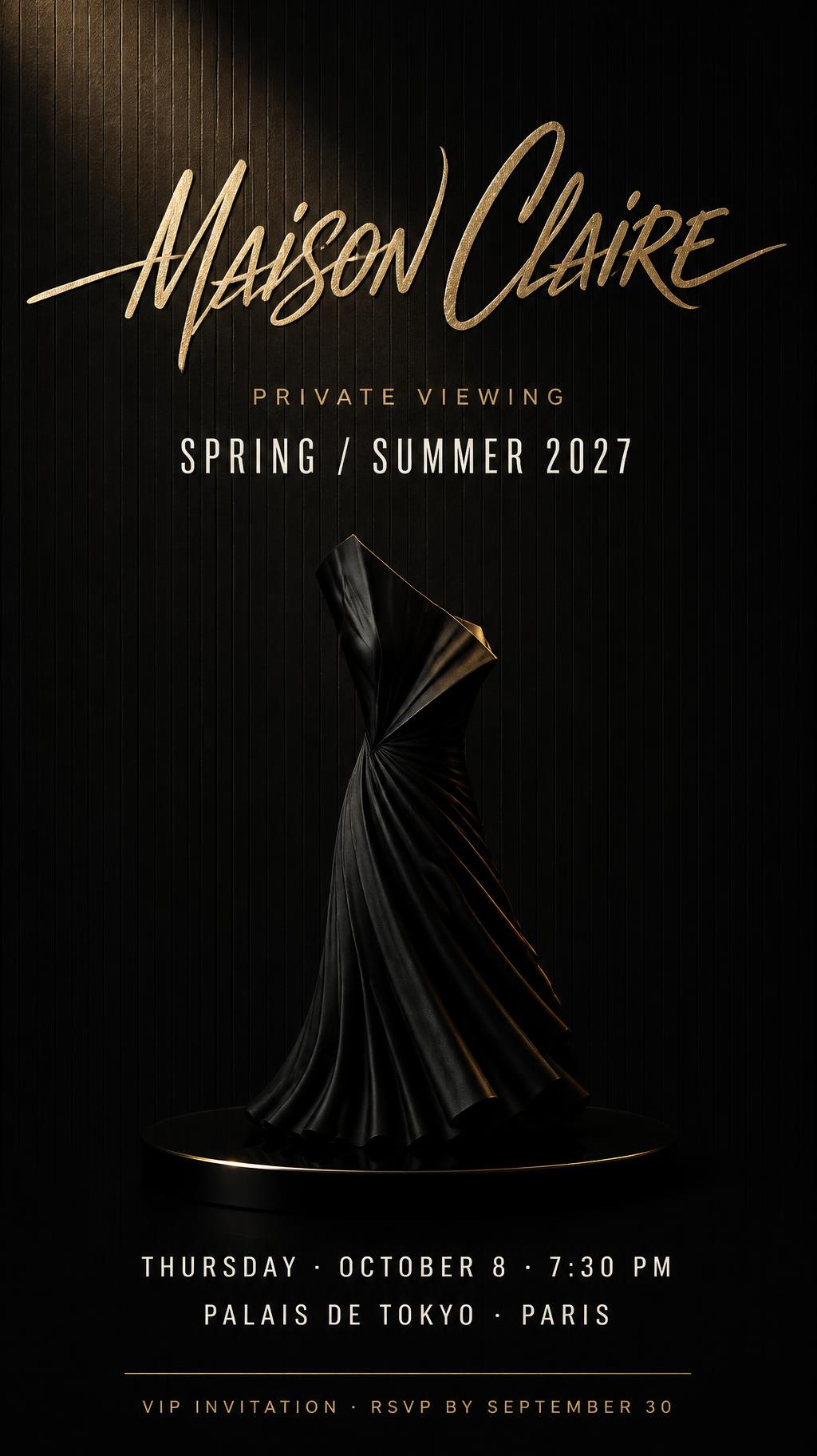 MAISON CLAIRE
PRIVATE VIEWING
SPRING / SUMMER 2027
THURSDAY · OCTOBER 8 · 7:30 PM
PALAIS DE TOKYO · PARIS
VIP INVITATION · RSVP BY SEPTEMBER 30