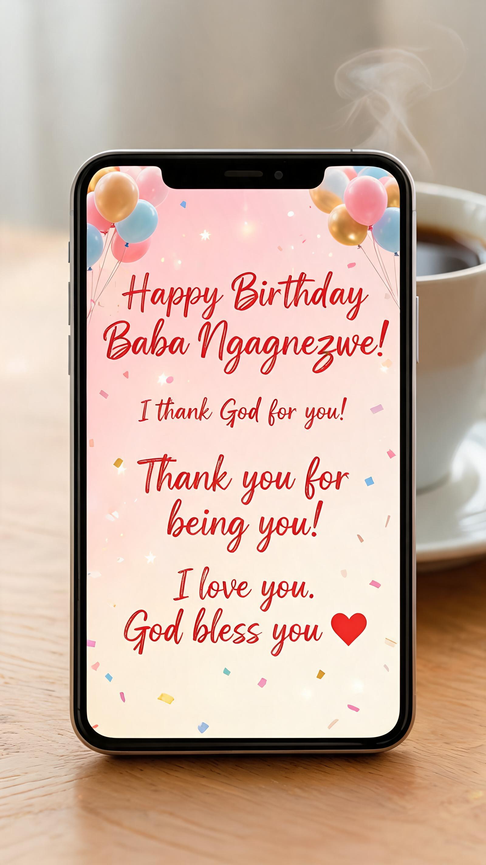 "Happy Birthday Baba Ngangezwe!
I thank God for you! Thank you for being you! I love you. God bless you ❤️" — Birthday | AI Text Effect Generator