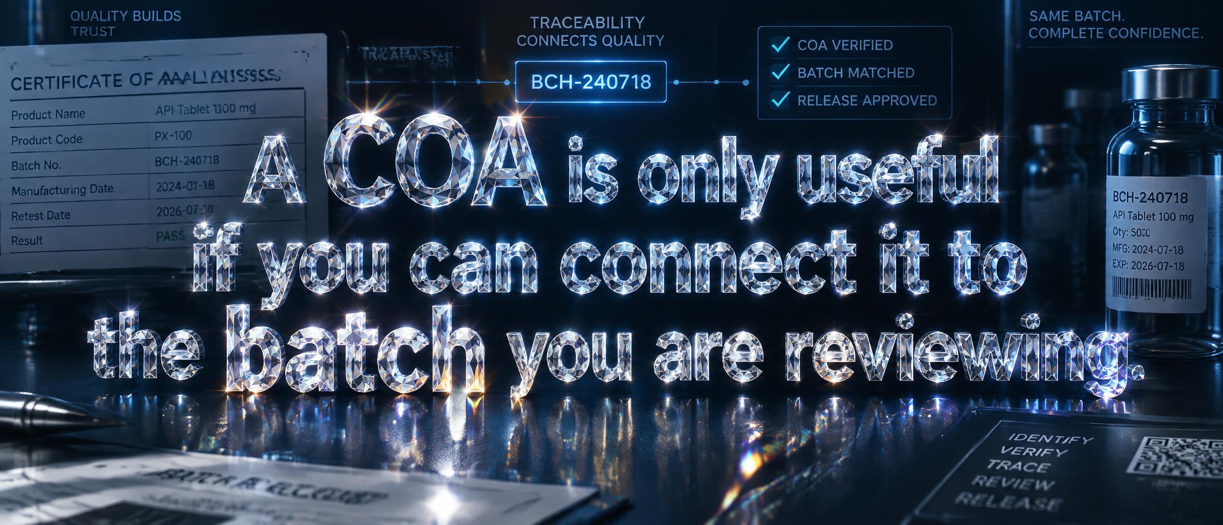 "A COA is only useful if you can connect it to the batch you are reviewing." — Glass Crystal | AI Text Effect Generator