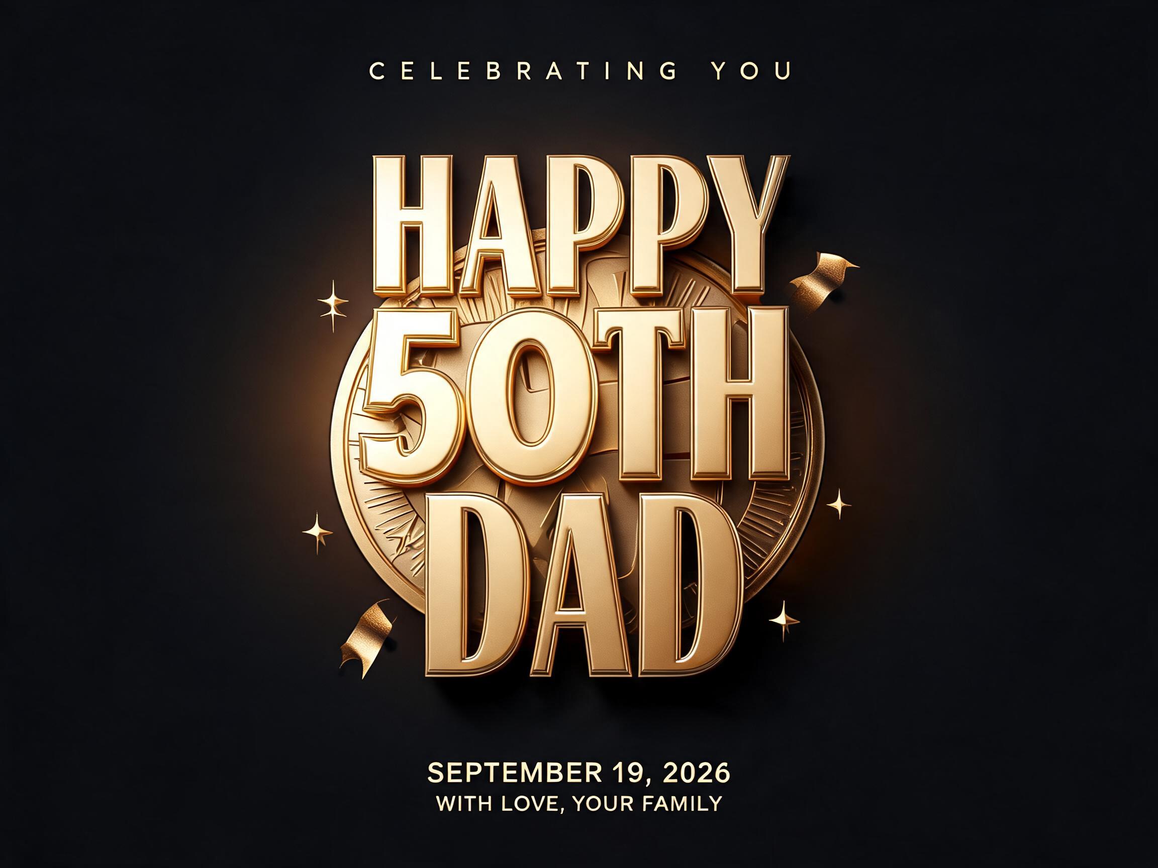"HAPPY
50TH
DAD
CELEBRATING YOU
SEPTEMBER 19, 2026
WITH LOVE, YOUR FAMILY" — 3d Bold Gold | AI Text Effect Generator